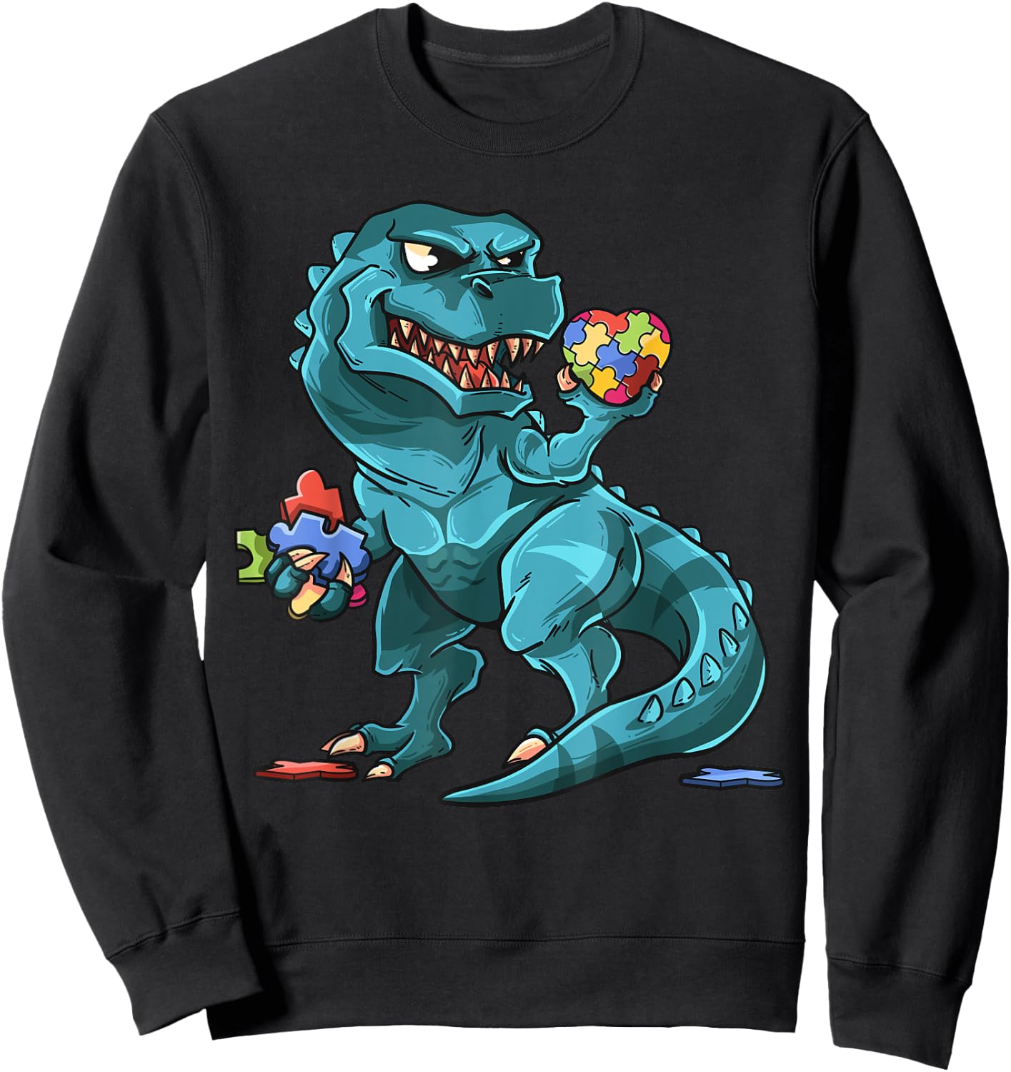 Autism Awareness Dinosaur Shirt | T-Rex Heart Puzzle Pieces Sweatshirt - Sweatshirt | Black