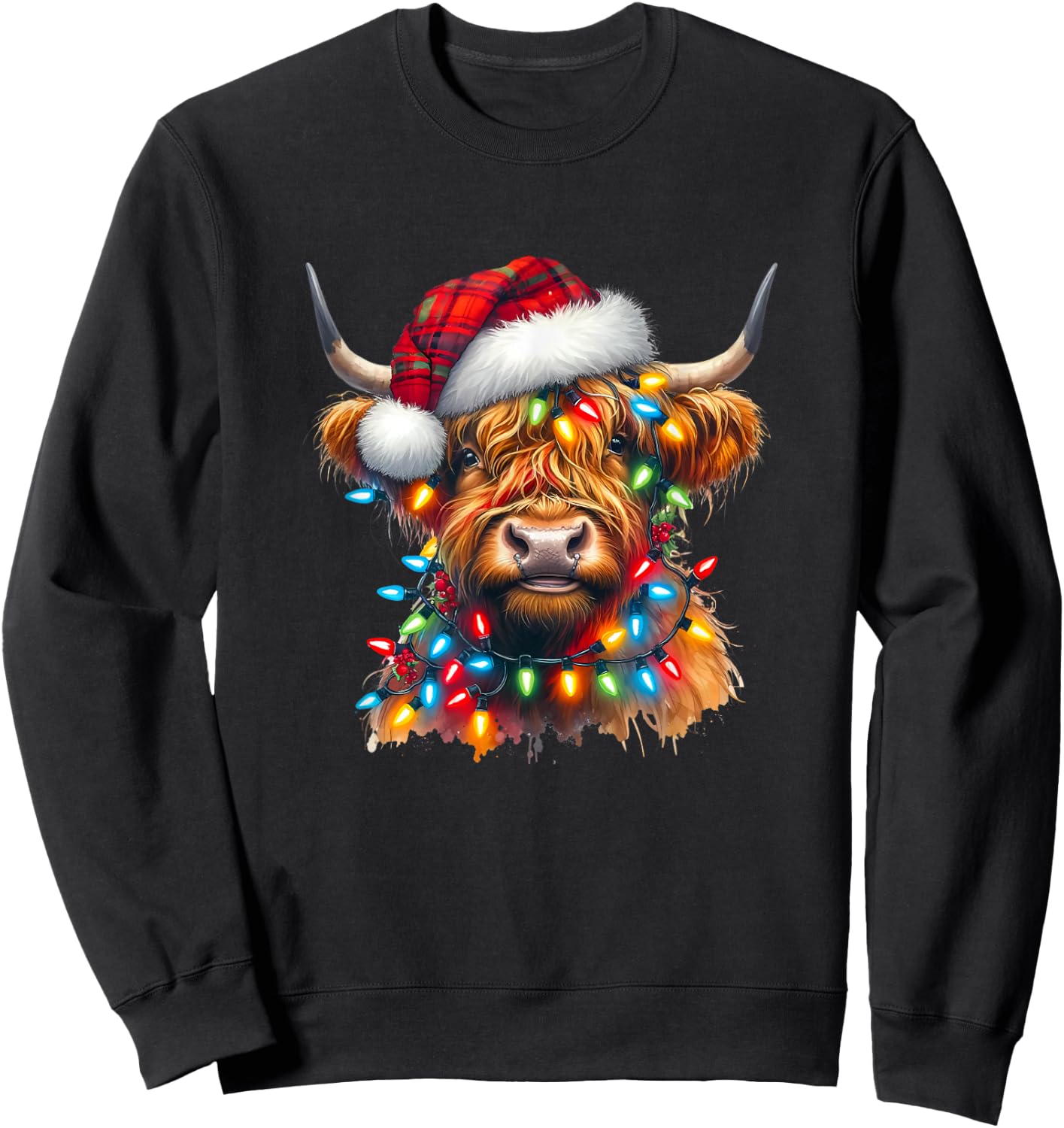 Highland Cow Christmas Xmas Santa Wooly Farm Animal Kids Sweatshirt - Sweatshirt | Black