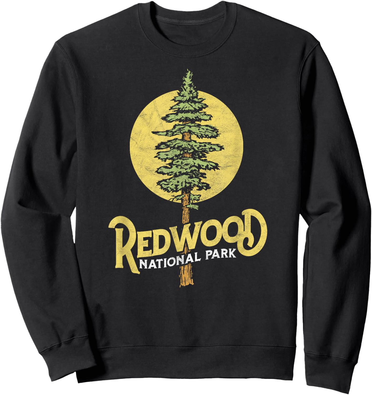 Redwood National Park Retro Vibe Distressed Tree Graphic Sweatshirt - Sweatshirt | Black