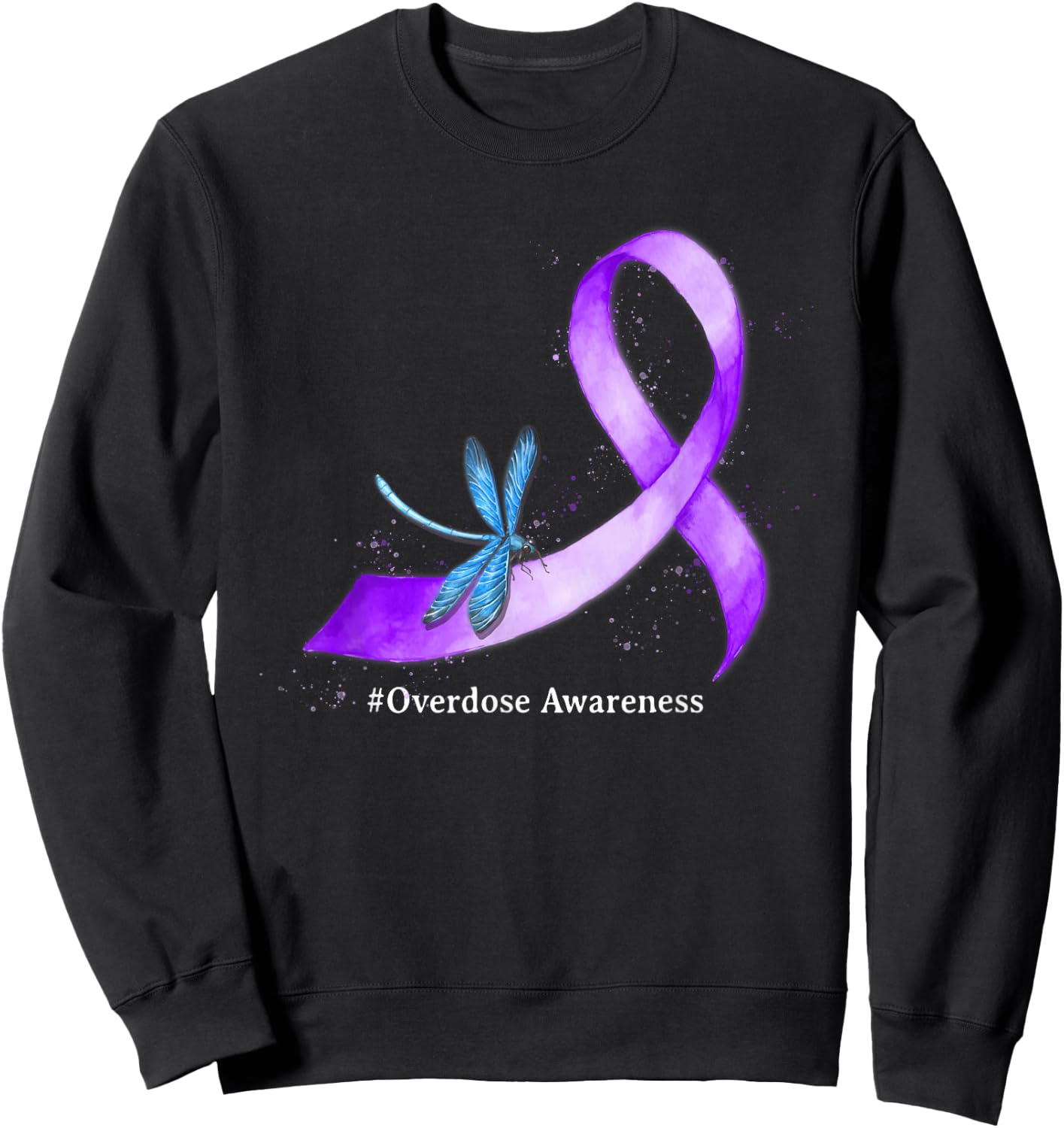 Hippie Dragonfly Purple Ribbon Overdose Awareness Sweatshirt - Sweatshirt | Black