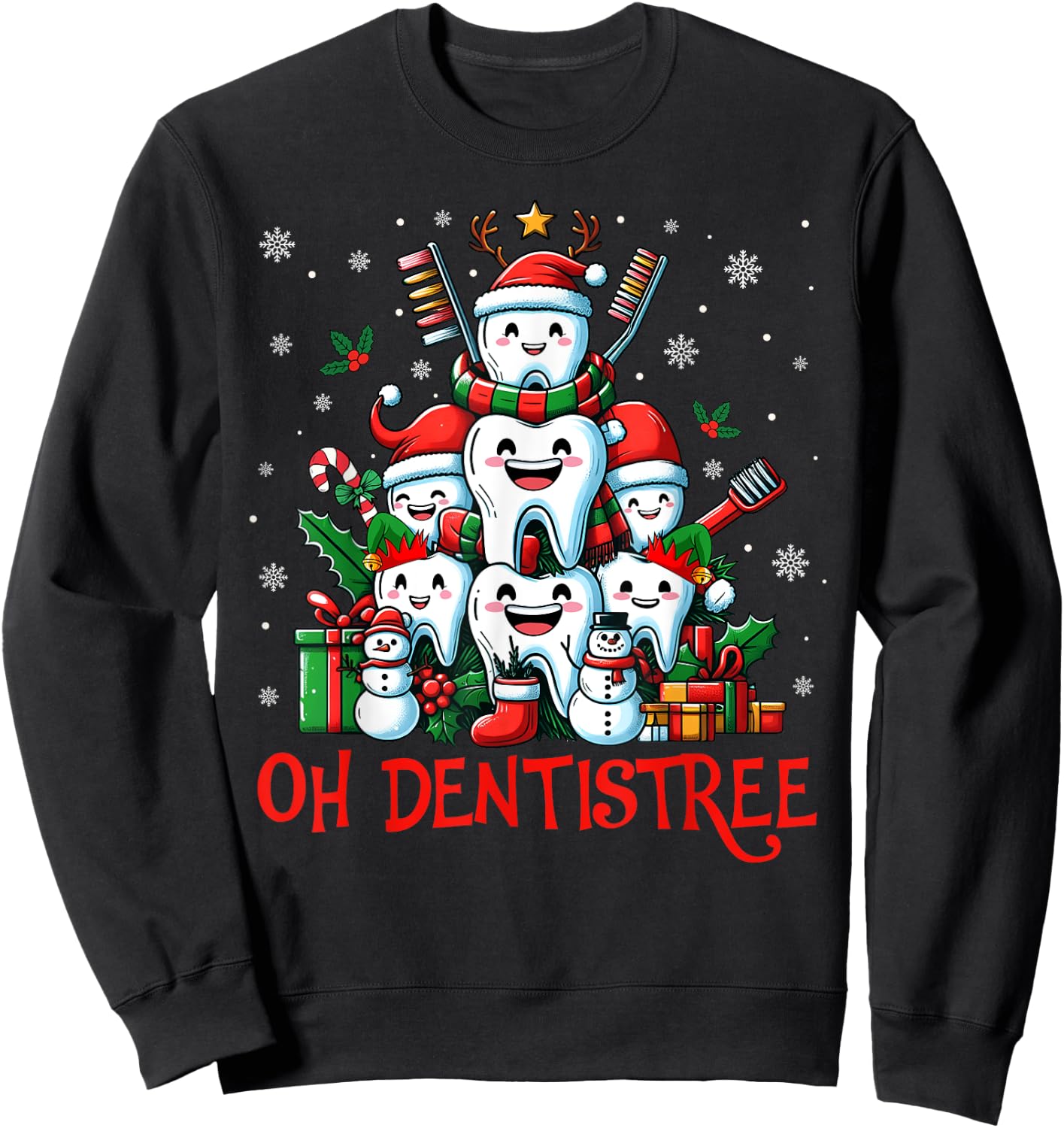 Funny Christmas Dentist Tree Dental Oh Dentistree Tooth Tree Sweatshirt - Sweatshirt | Black