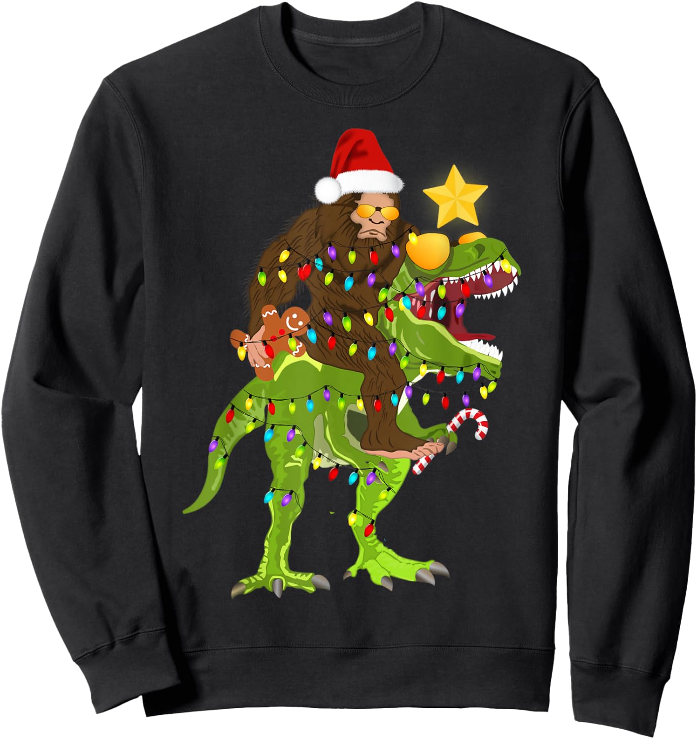 Xmas Tree Rex Yeti Bigfoot Sasquatch Riding Dinosaur T Rex Sweatshirt - Sweatshirt | Black