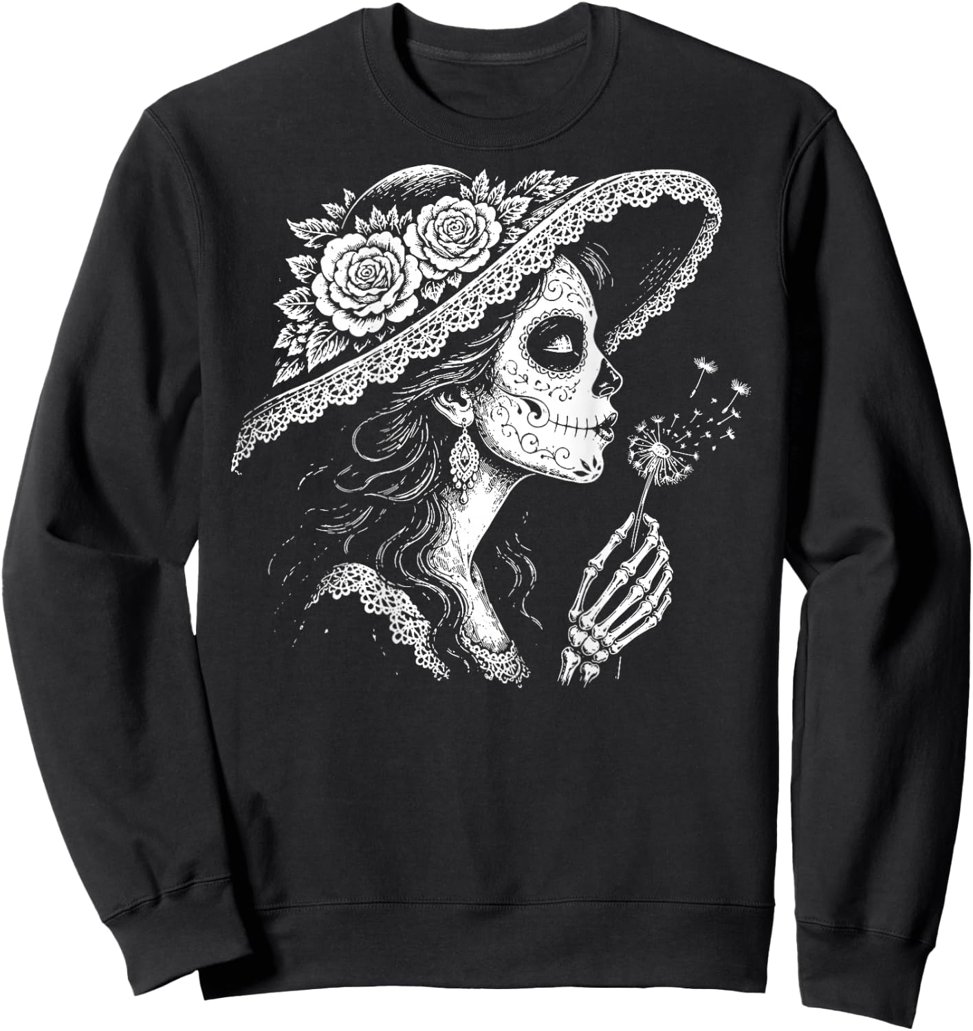 (On Back) la Catrina Blowing Wishes Dandelion Retro Vintage Sweatshirt - Sweatshirt | Black