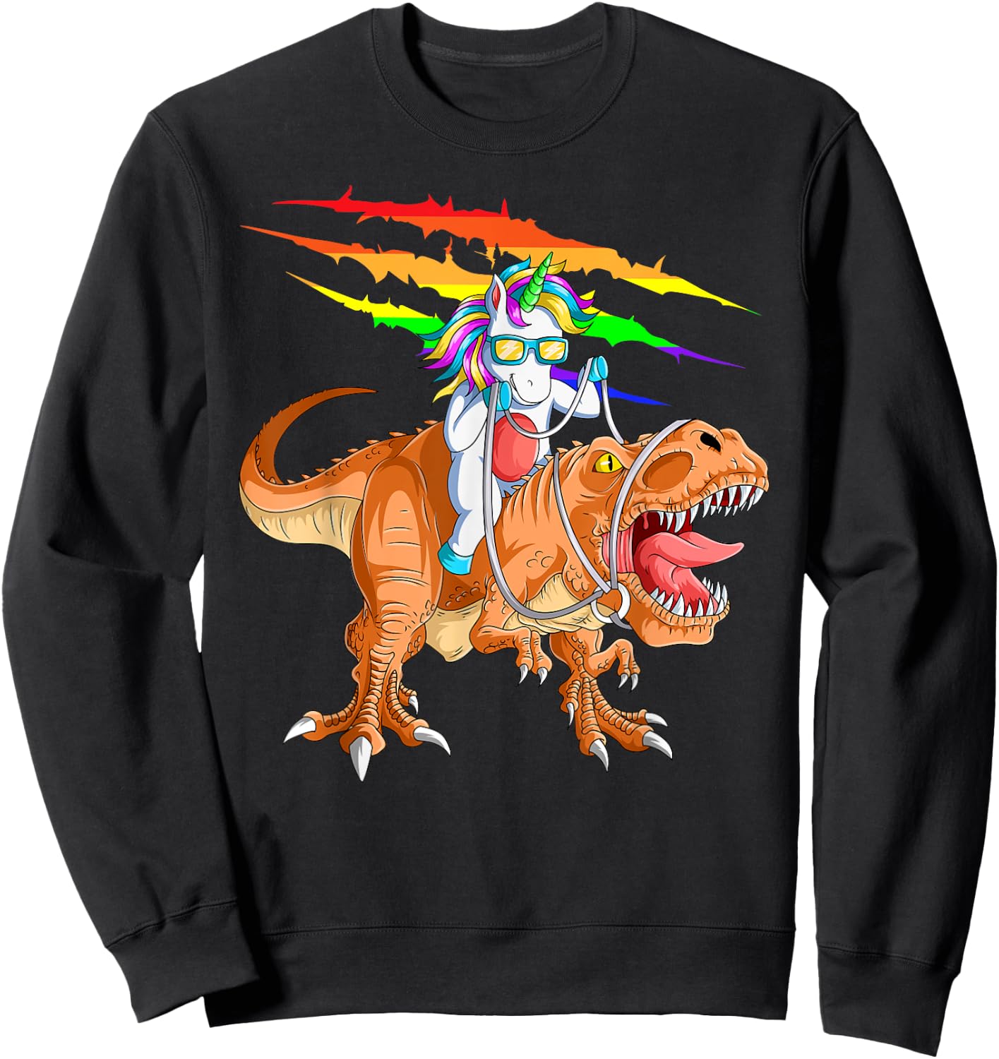 Unicorn Riding T-Rex Dinosaur For Kids Boys Girls Men Women Sweatshirt - Sweatshirt | Black