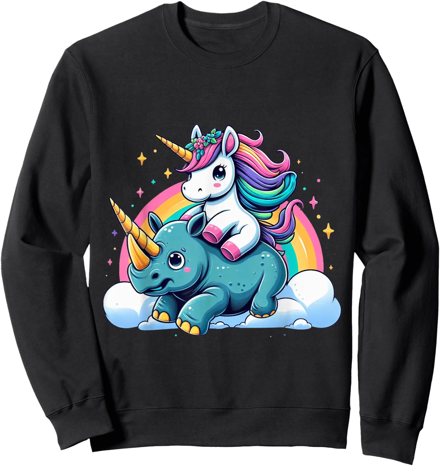 Unicorn Riding Rhino Boys Girls Men Women Kids Rainbow Sweatshirt - Sweatshirt | Black