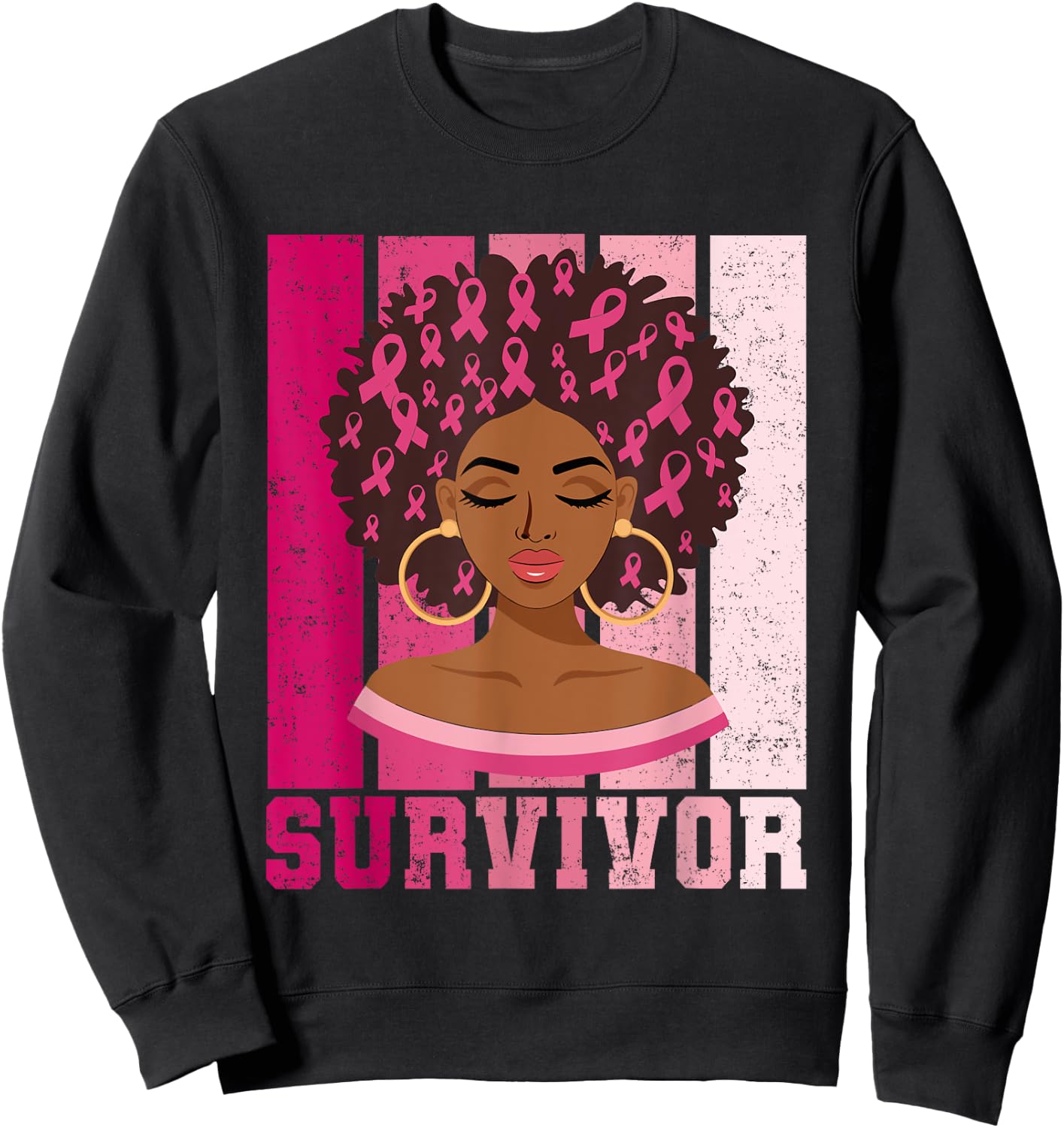 Black Woman Pink Ribbon October Breast Cancer Survivor Sweatshirt - Sweatshirt | Black