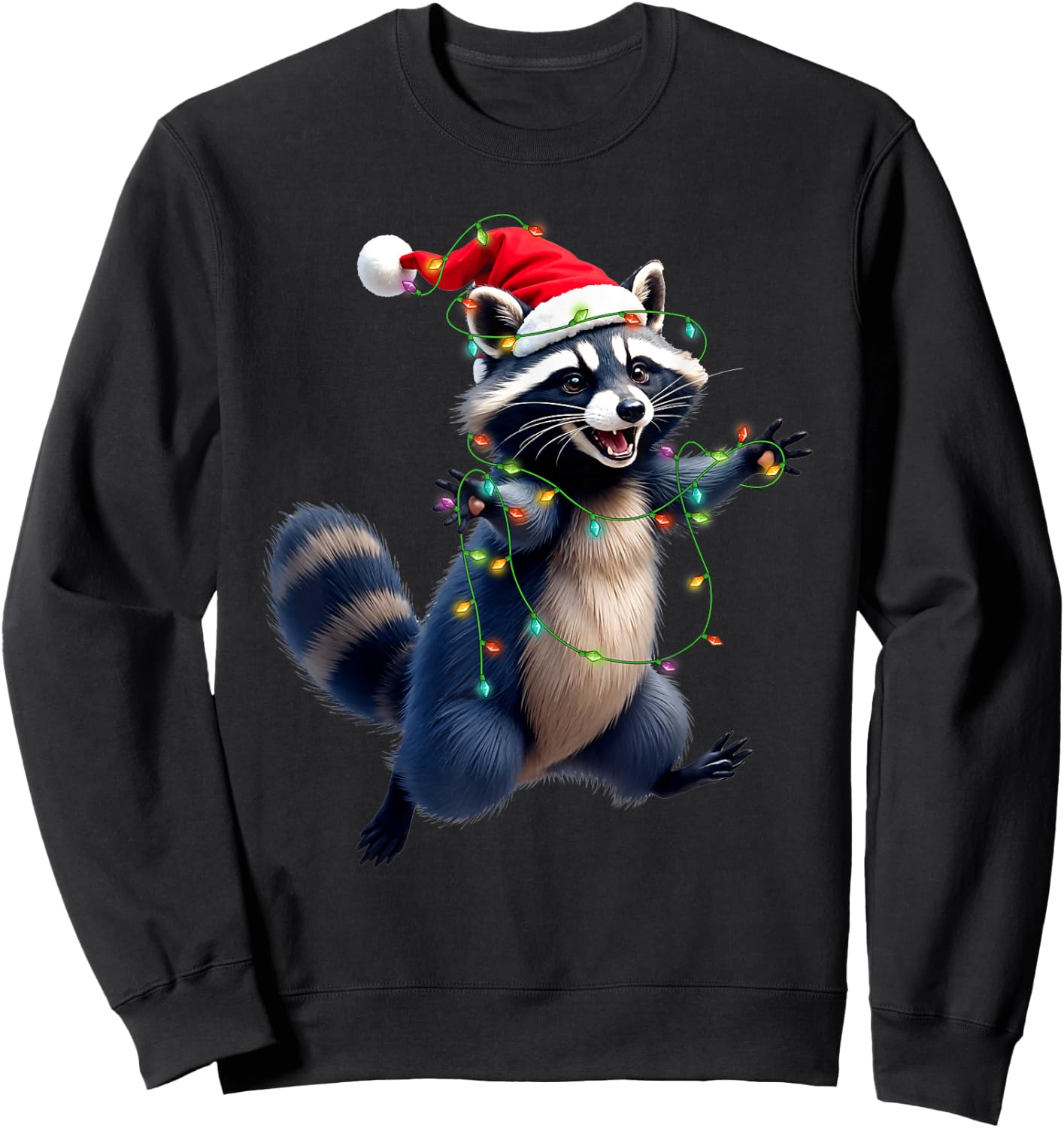 Funny Racoon Santa Hat Christmas Tree Lights Xmas PJS Kids Sweatshirt - Sweatshirt | Black