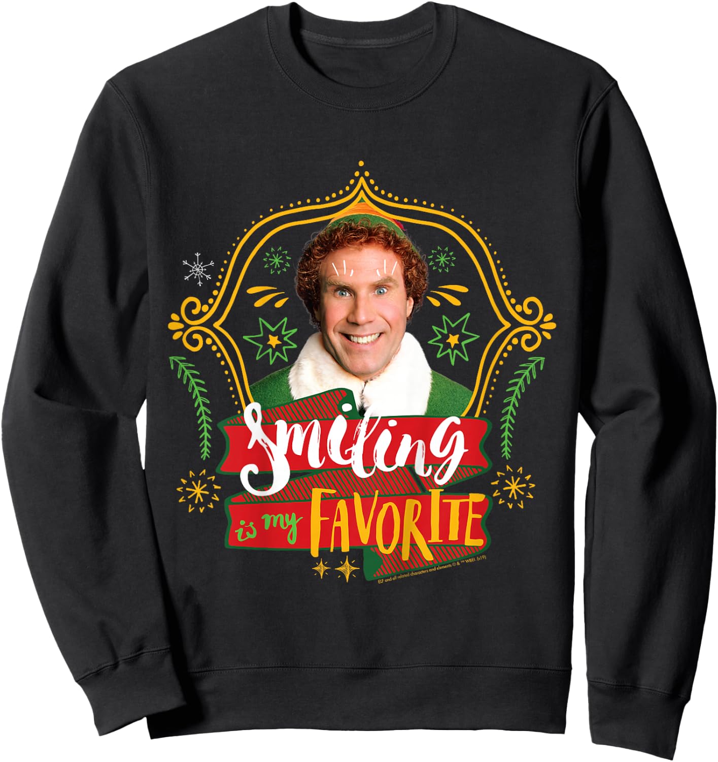 Kids Elf Buddy Smiling Is My Favorite Text Portrait Sweatshirt - Sweatshirt | Black