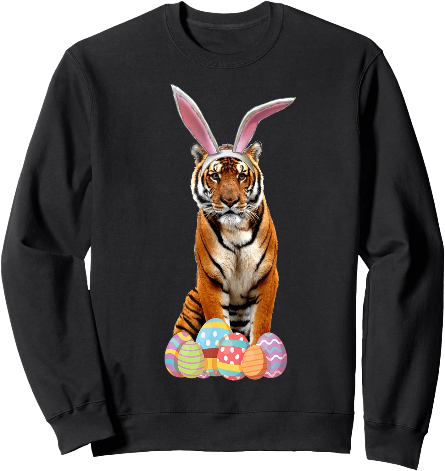 Easter Shirt Tiger Funny Bunny Ears & Eggs Tiger Gift Sweatshirt - Sweatshirt | Black