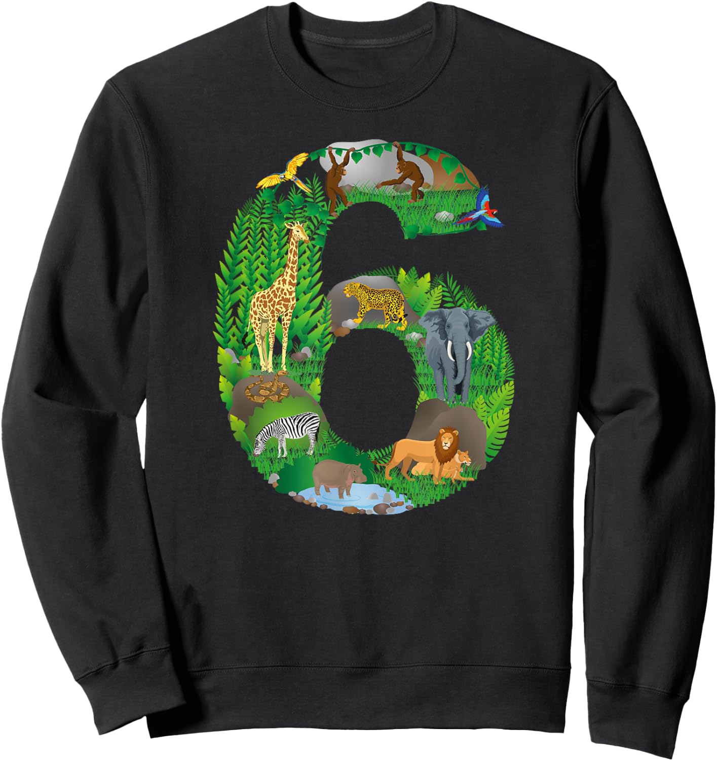 Safari Jungle Zoo animals Sixth Birthday number 6 Sweatshirt - Sweatshirt | Black