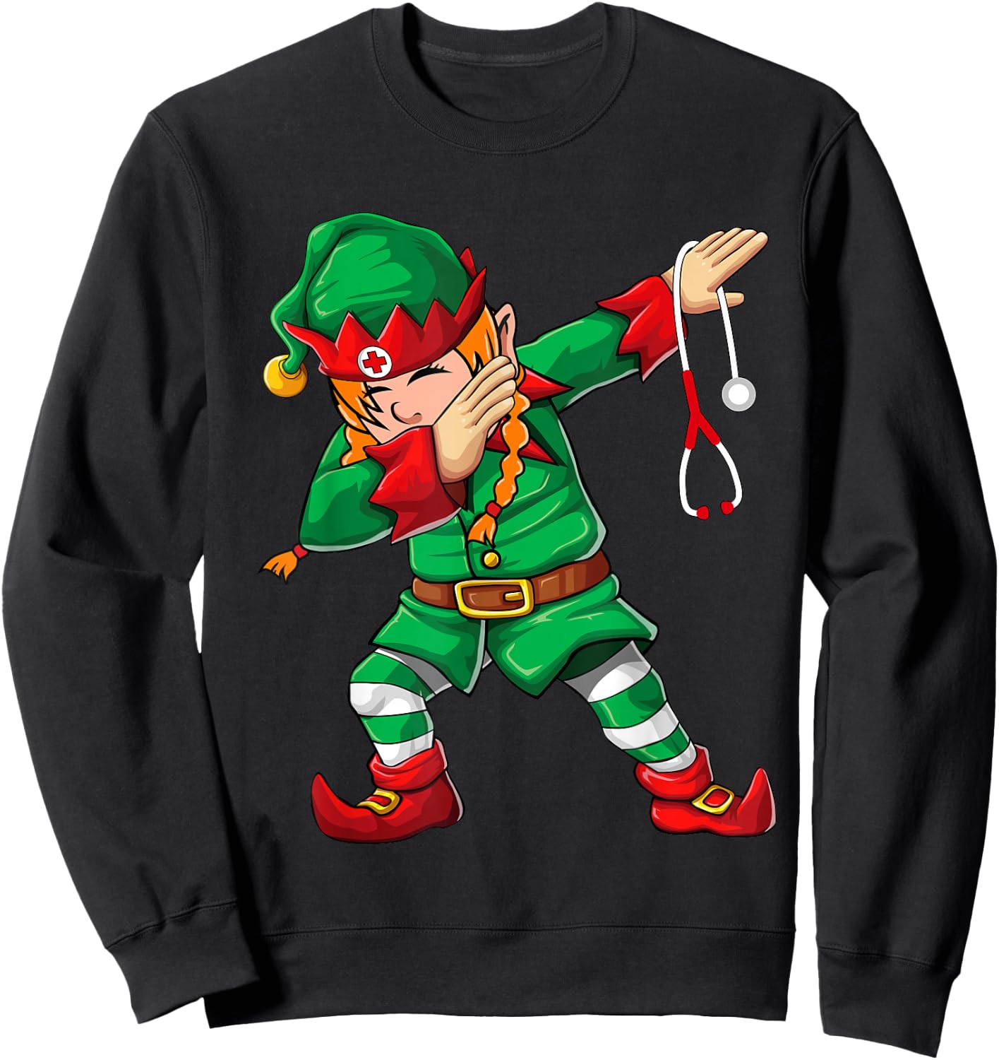 Dabbing Elf Girl Shirt Christmas Scrub Tops Women Cute Nurse Sweatshirt - Sweatshirt | Black
