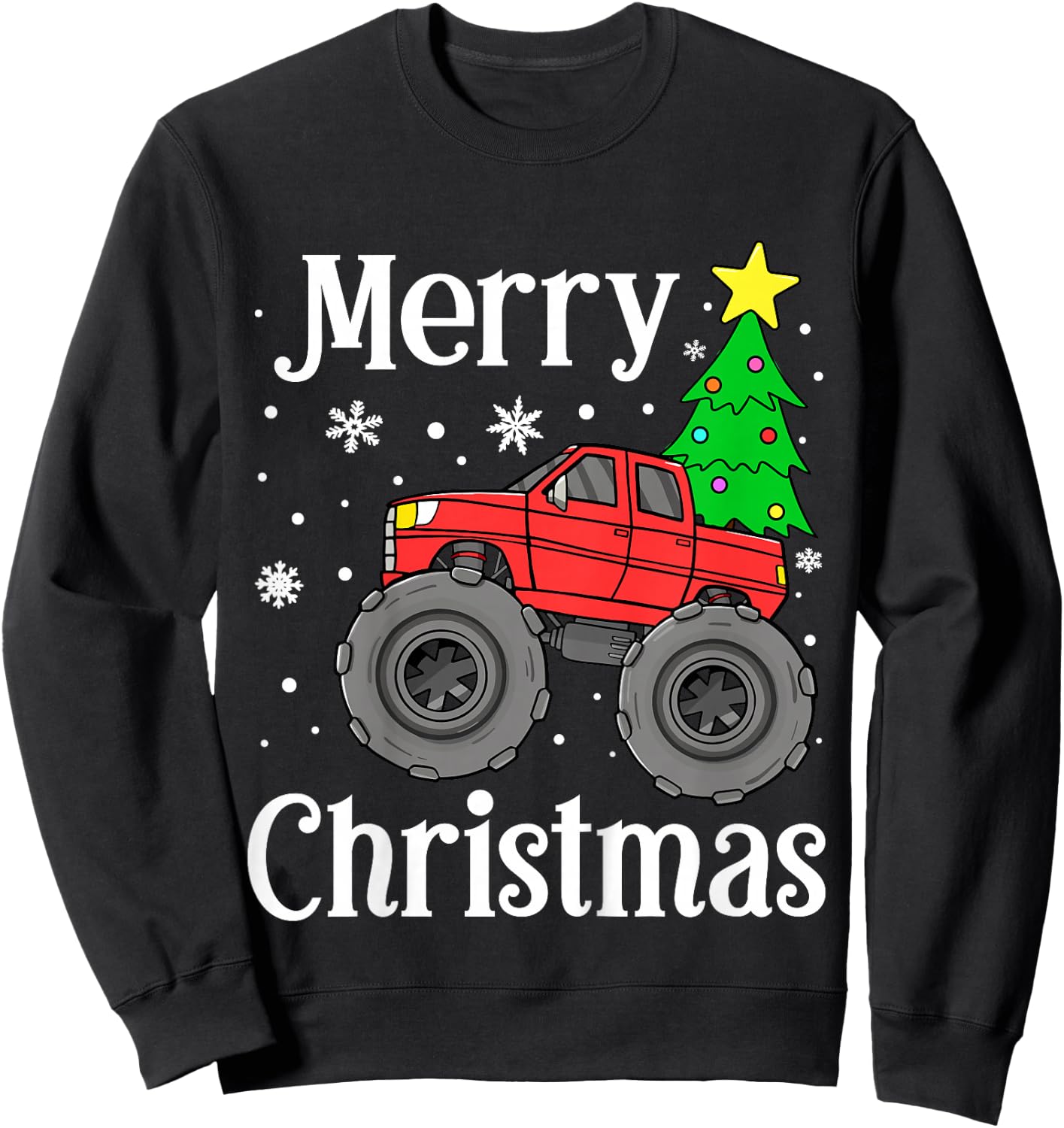 Kids Boys Monster Truck Merry Christmas Tree Snowflakes Toddler Sweatshirt - Sweatshirt | Black