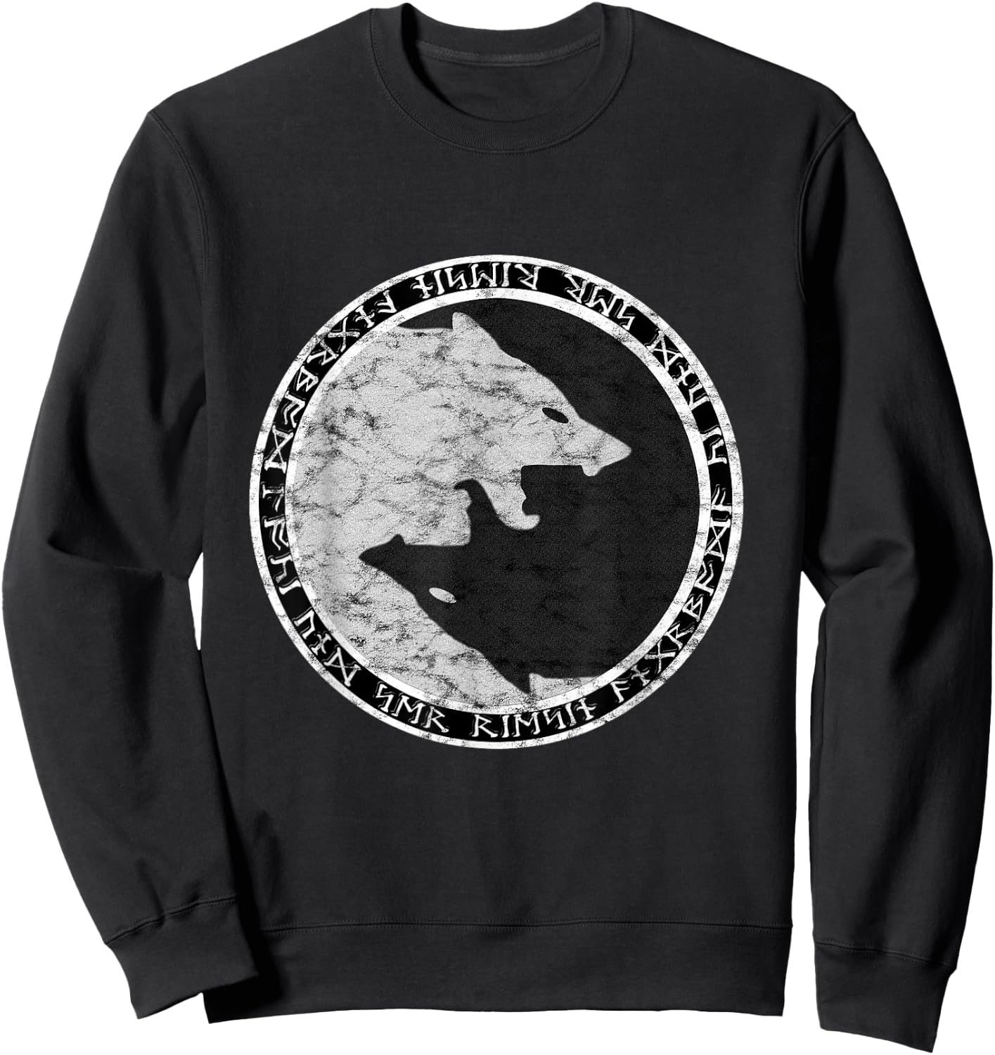 Fenrir Wolf Of Odin With Norse Runes Distressed Sweatshirt - Sweatshirt | Black
