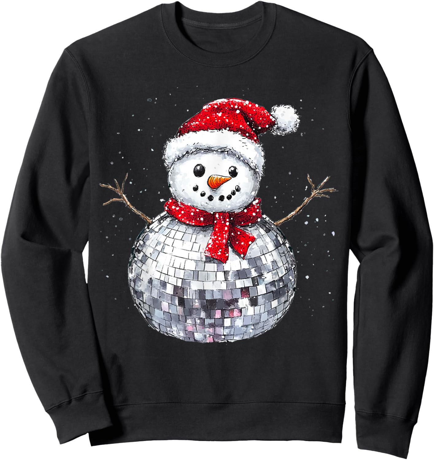 Snowman Christmas Retro Santa Hat Disco Ball Matching Family Sweatshirt - Sweatshirt | Black