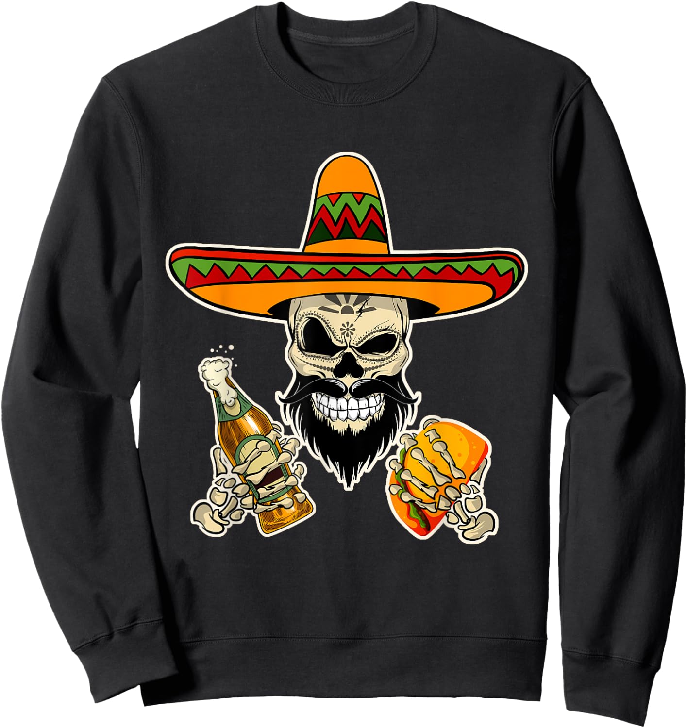 Funny Mexican Sugar Skull with Tacos and Beer Sweatshirt - Sweatshirt | Black