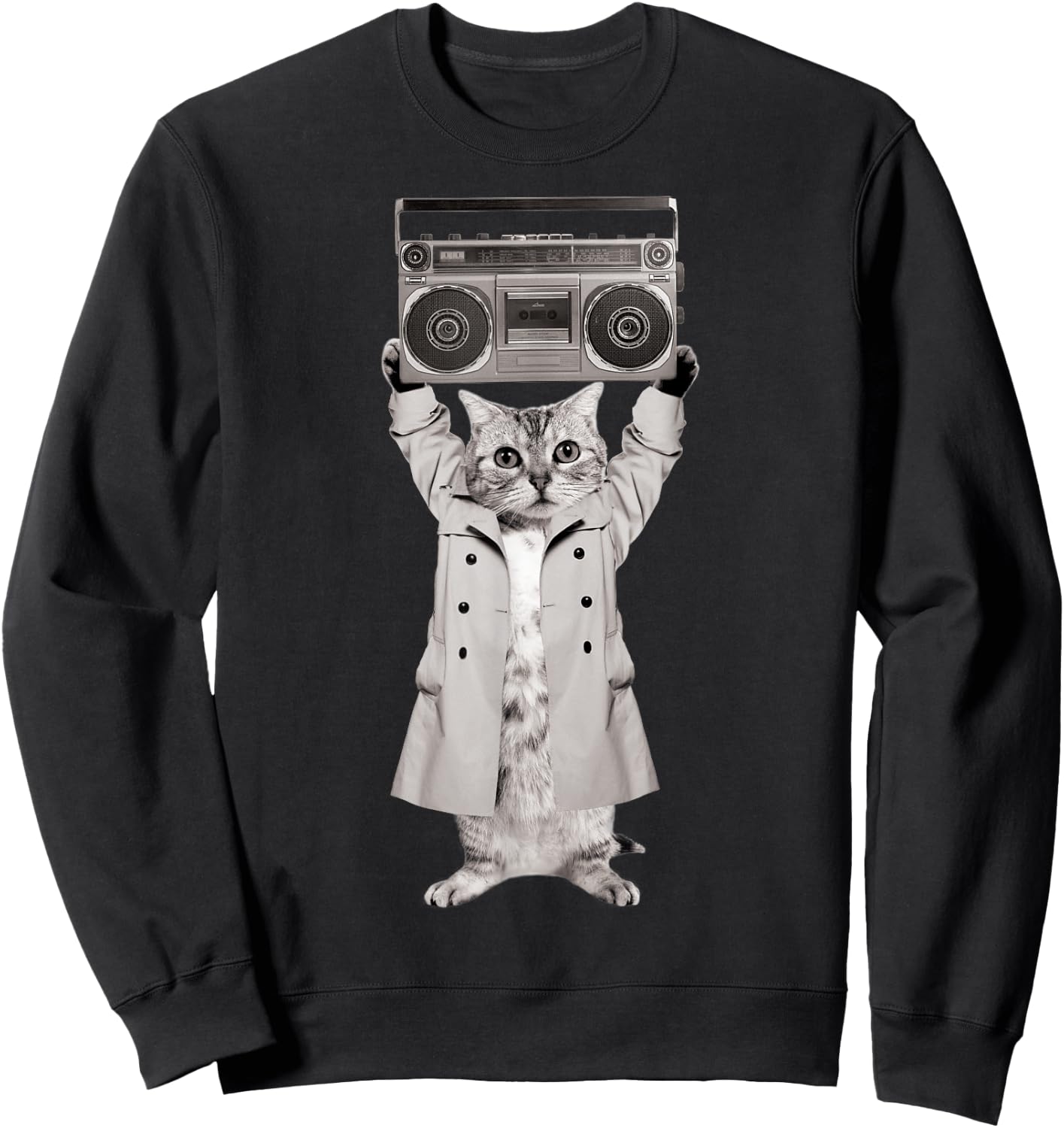 Say Something Cat Boombox Monotone Sweatshirt - Sweatshirt | Black