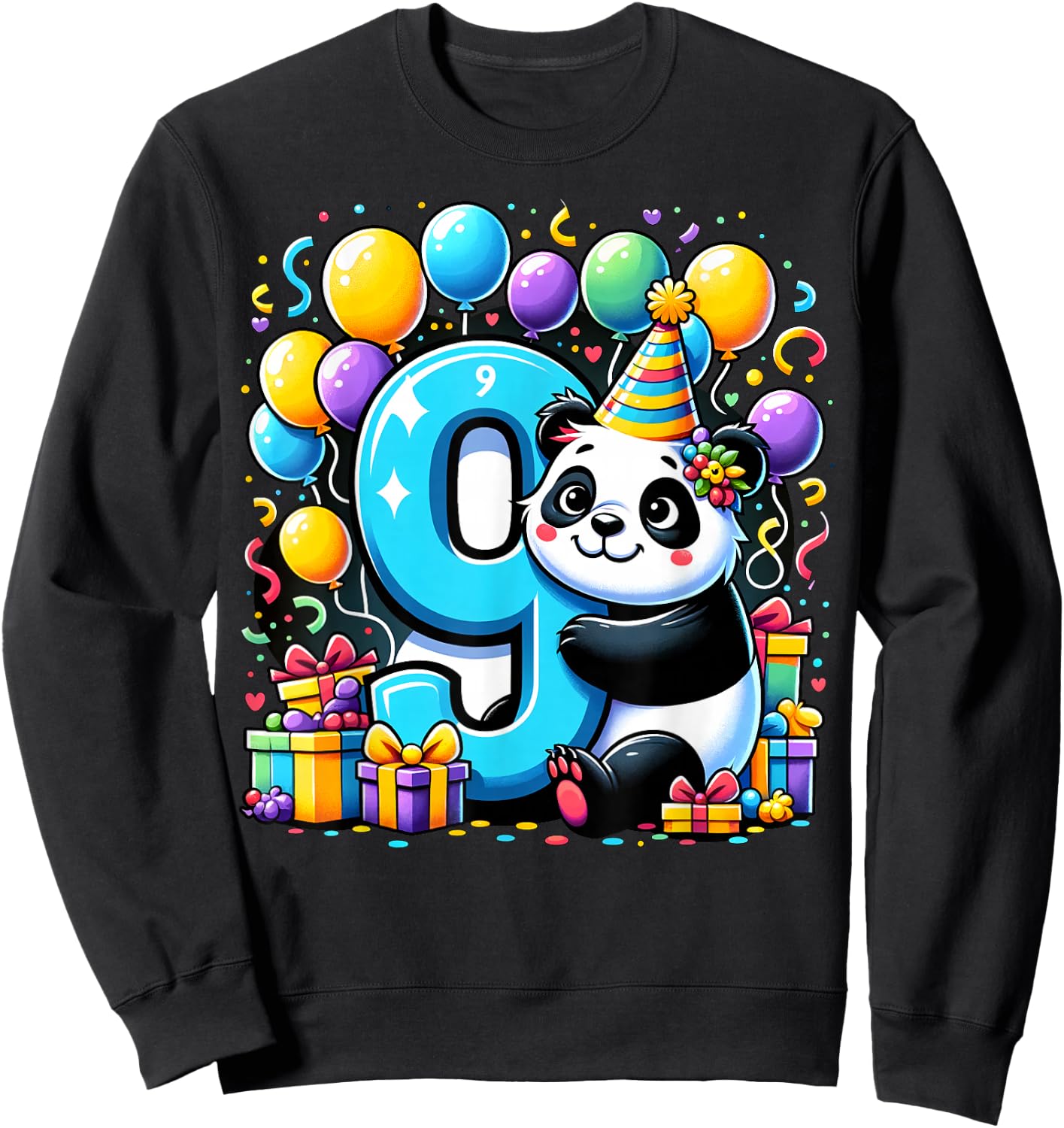 Panda 9th birthday for boy girl 9 years old ninth nine Panda Sweatshirt - Sweatshirt | Black