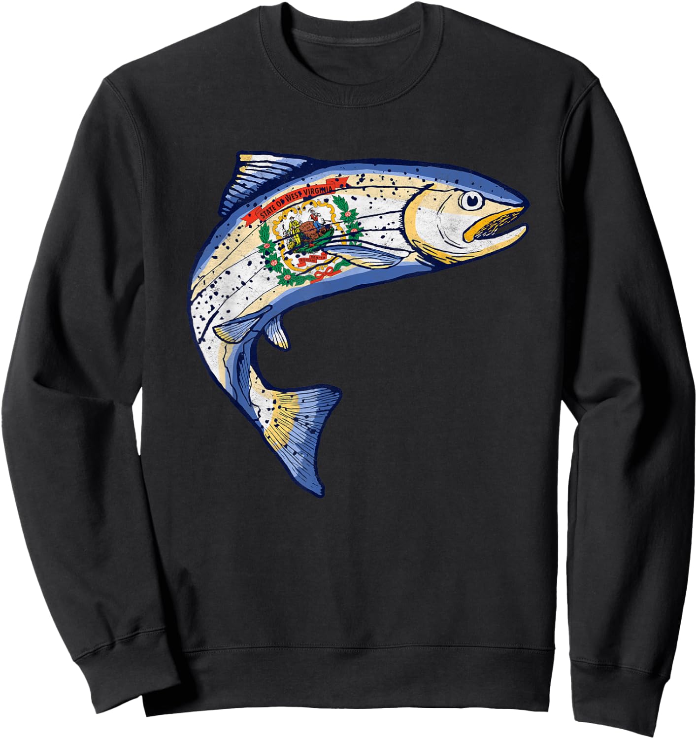 Retro West Virginia Flag Trout Vintage Fly Fishing Graphic Sweatshirt - Sweatshirt | Black