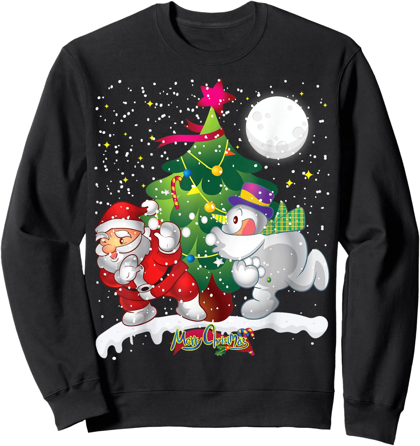 Santa Claus Snowman Tree Balls Funny Merry Christmas Sweatshirt - Sweatshirt | Black