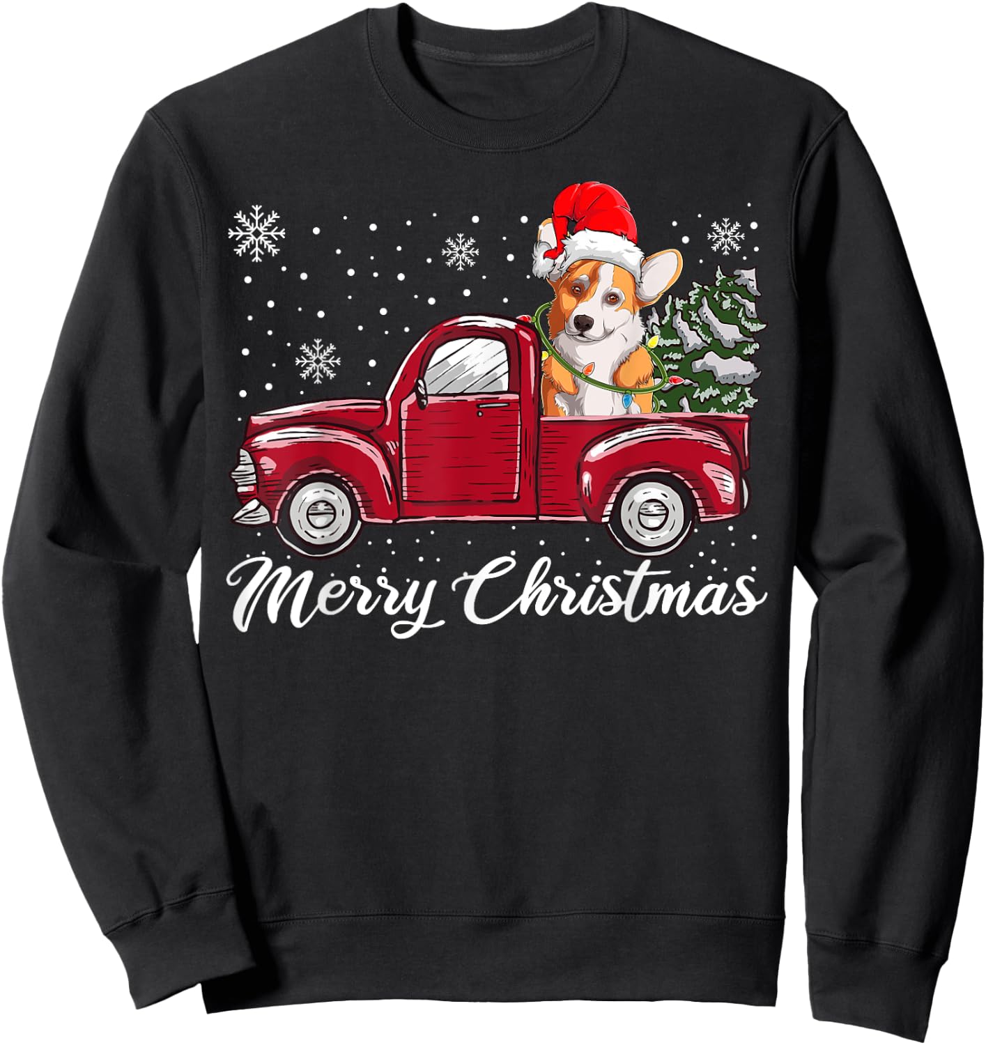 Merry Christmas Dog Sweater, Red Truck Welsh Corgi Pajama Sweatshirt - Sweatshirt | Black