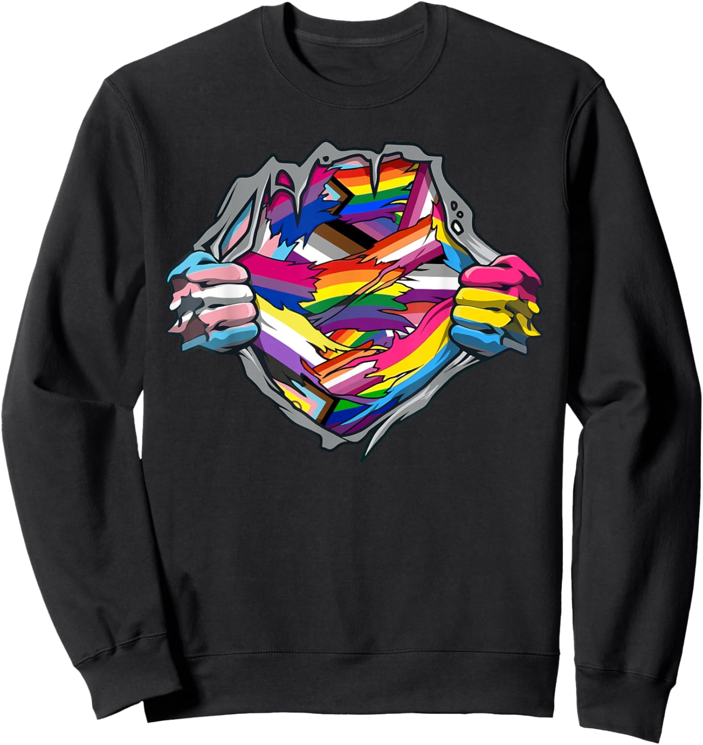 Funny LGBTQ Pride Month Rainbow Flag Superhero Ripped Heart Sweatshirt - Sweatshirt | Black
