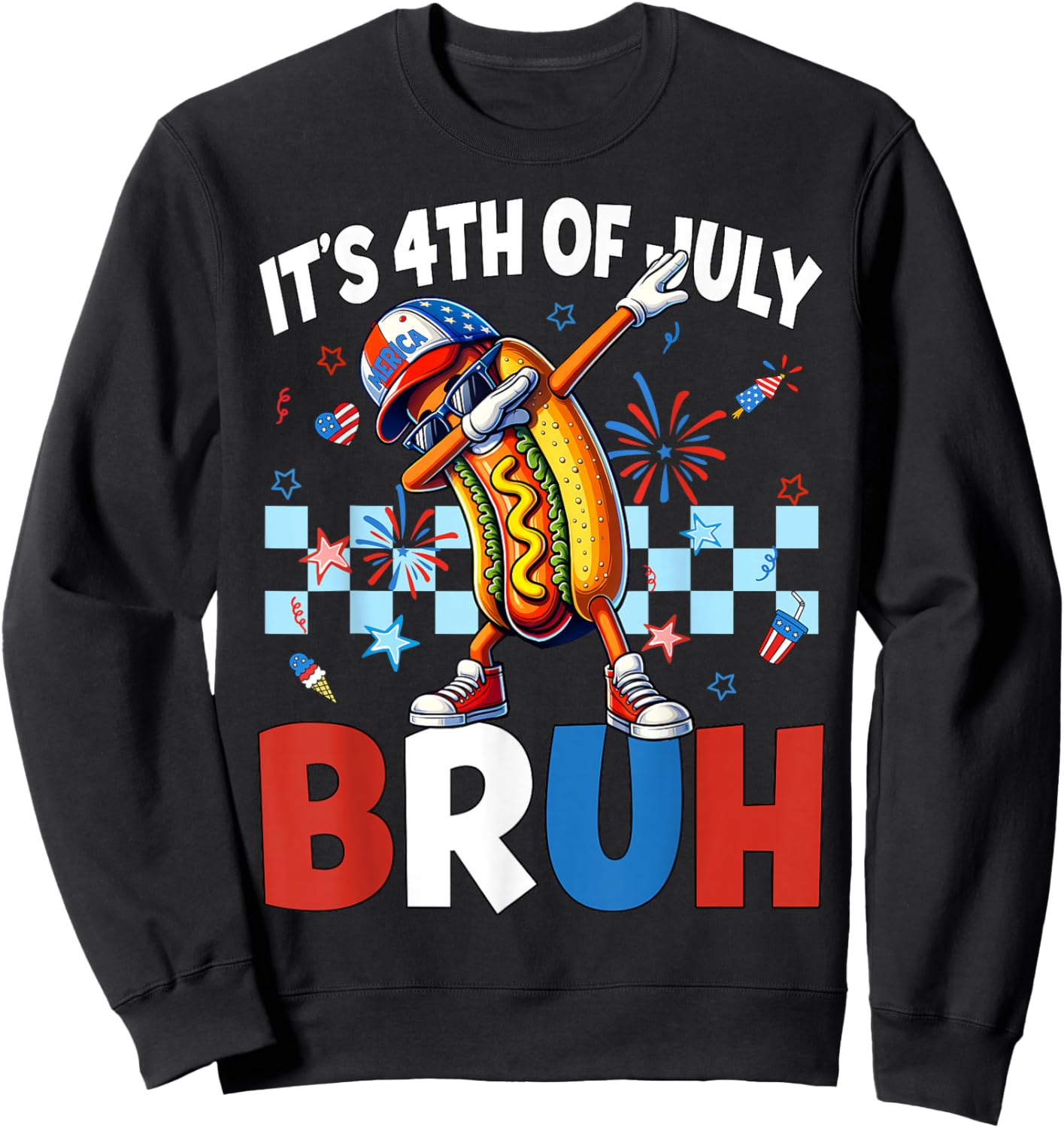 It's 4th of July Bruh Hotdog American Flag Patriotic Kid Boy Sweatshirt - Sweatshirt | Black