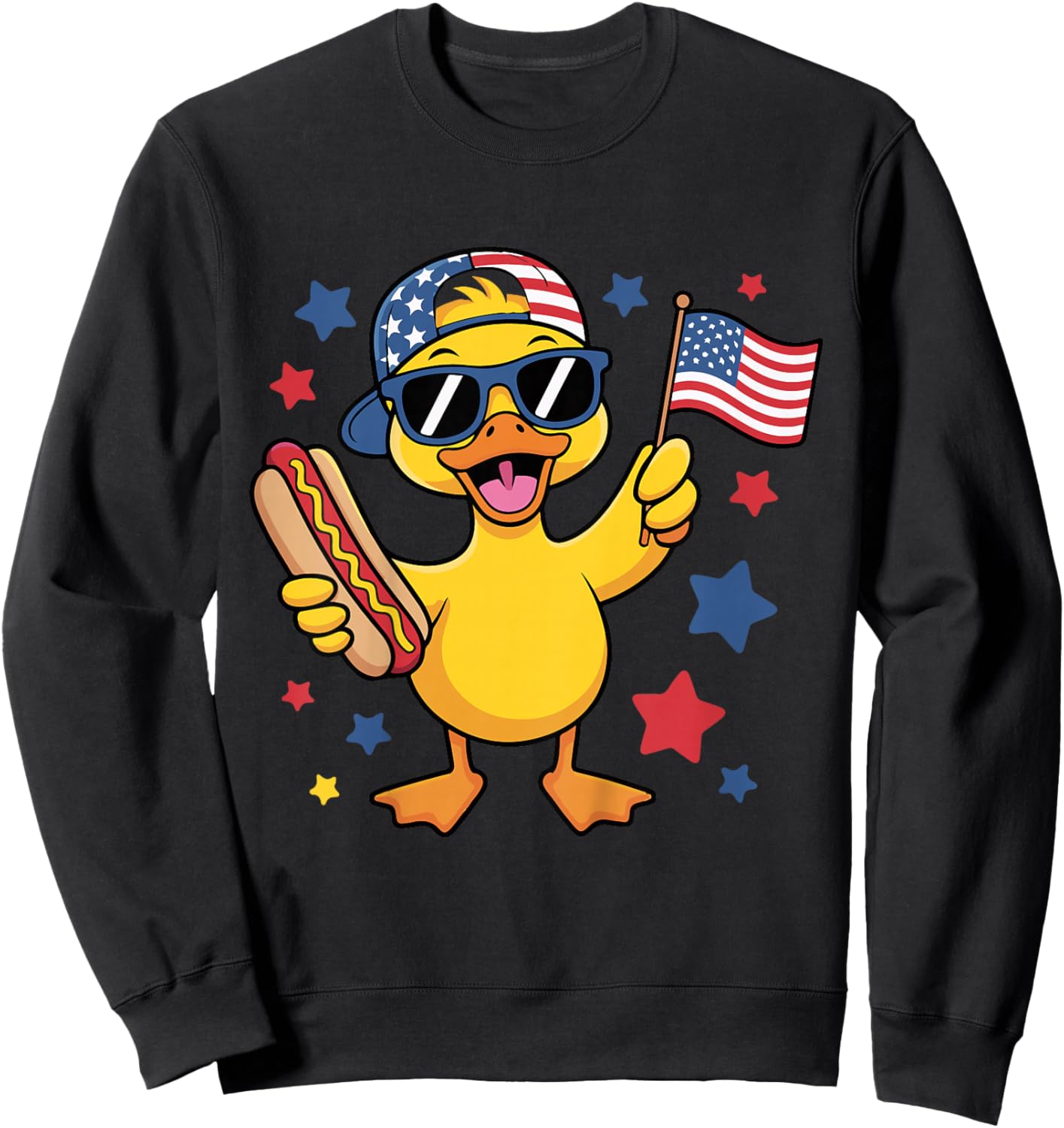 Funny Patriotic Duck USA Flag 4th of July Hotdog Kids Boys Sweatshirt - Sweatshirt | Black