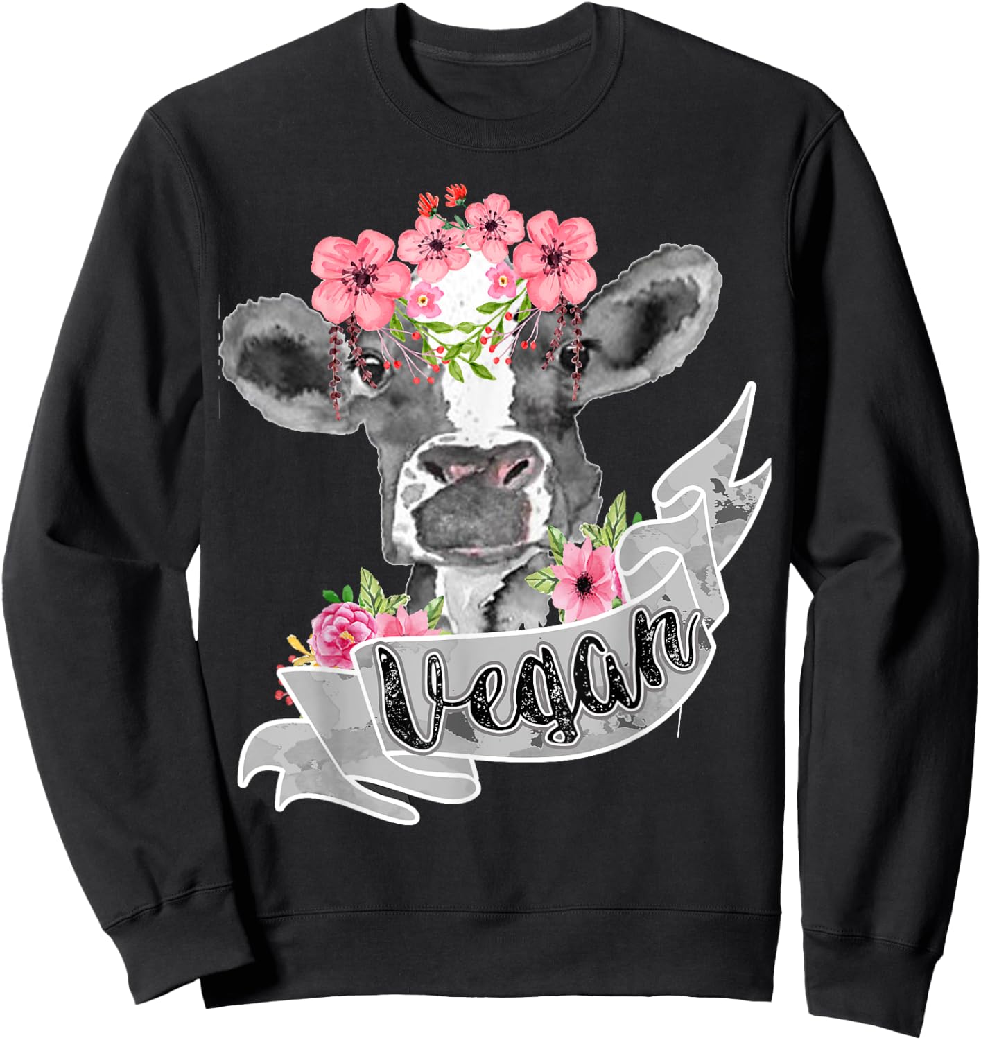 Vegetarian Humor Fashion Vegan Funny Cow With Flower Headband Gift Sweatshirt - Sweatshirt | Black