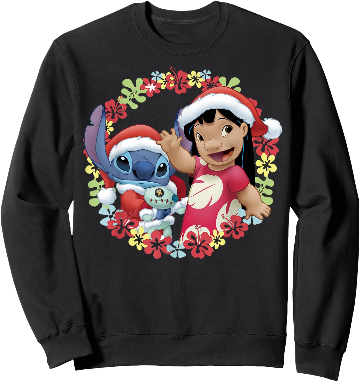 Disney Lilo & Stitch Christmas Hawaiian Flower Wreath Sweatshirt - Sweatshirt | Black