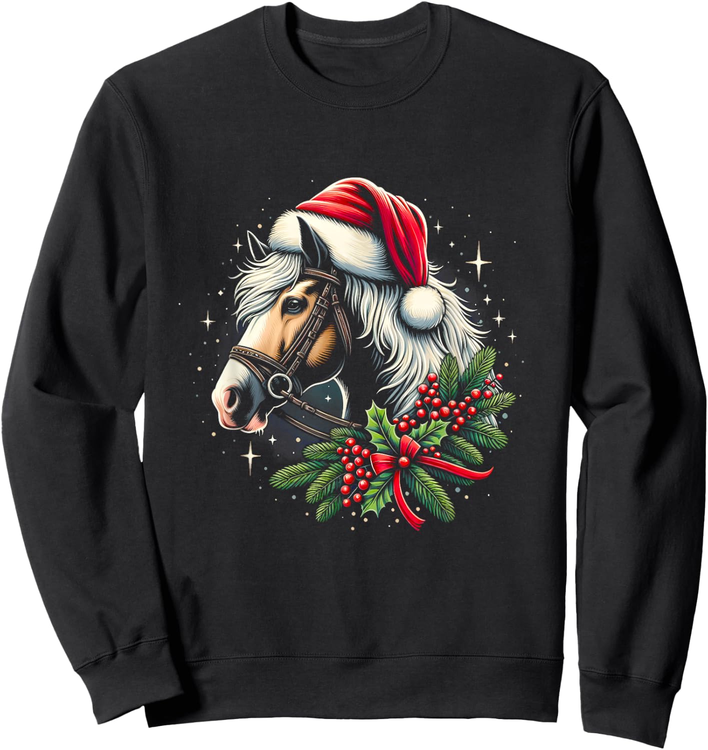 Shire Horse Christmas Wreath Cute Xmas Horse Lover Santa Hat Sweatshirt - Sweatshirt | Black