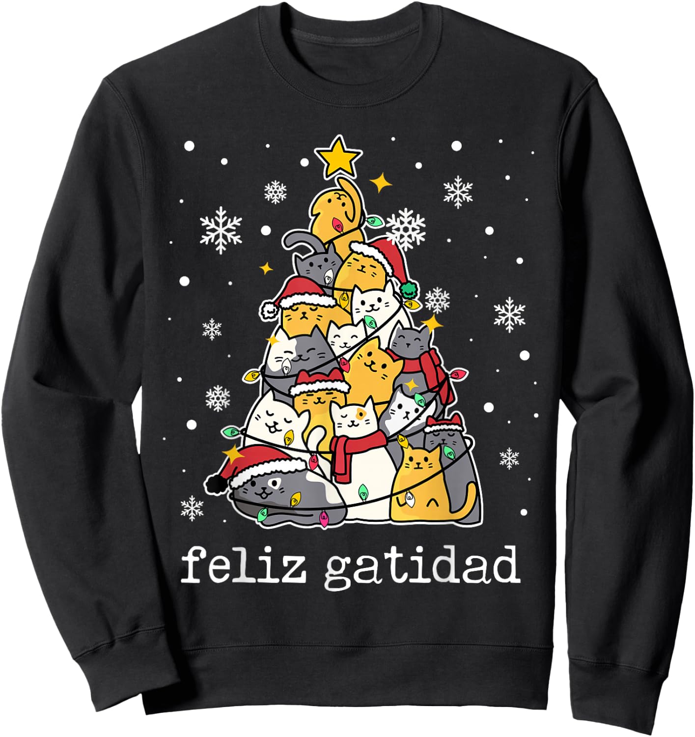 Feliz Navidad Cat Lover Xmas Tree Spanish Mexican Christmas Sweatshirt - Sweatshirt | Black