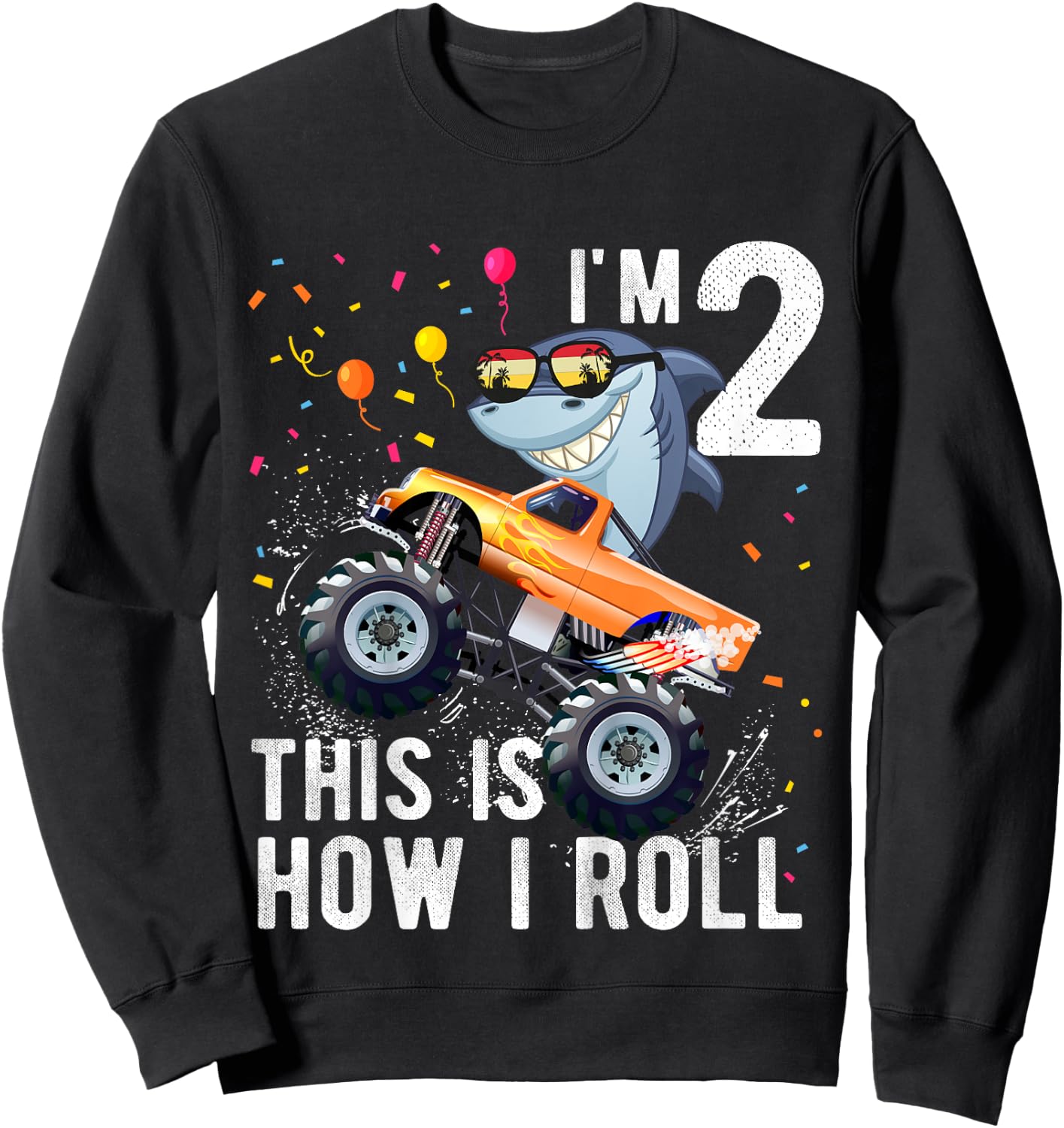 Shark Monster Truck 2nd Birthday Boys and Girls Sweatshirt - Sweatshirt | Black
