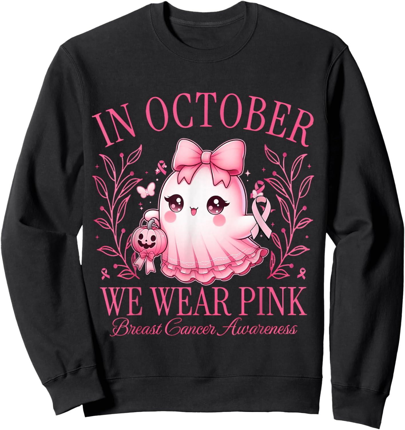In October We Wear Pink Breast Cancer Ghost Coquetty Sweatshirt - Sweatshirt | Black