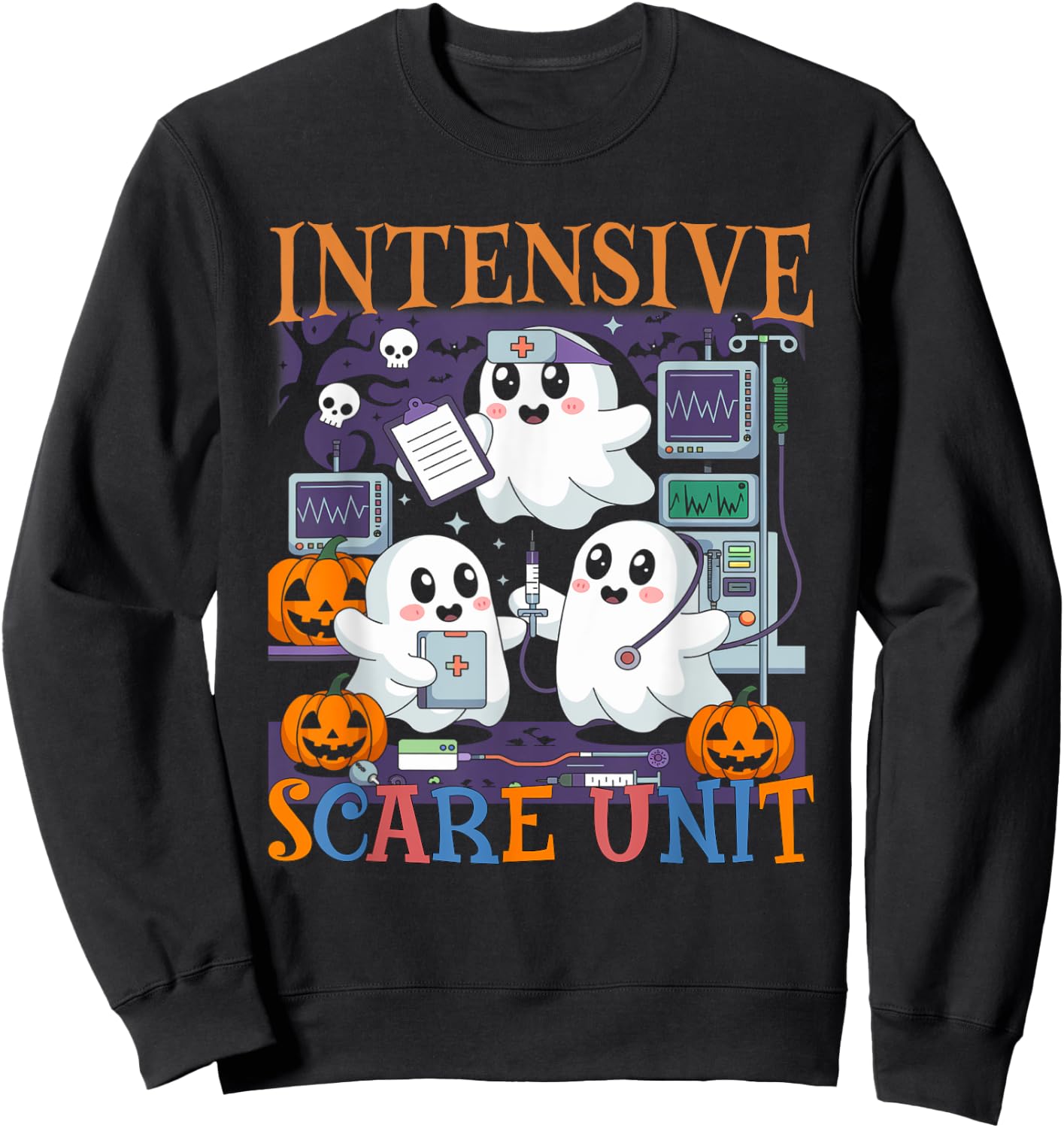 Halloween Intensive Care Scare Unit Ghost Nurse ICU Nursing Sweatshirt - Sweatshirt | Black