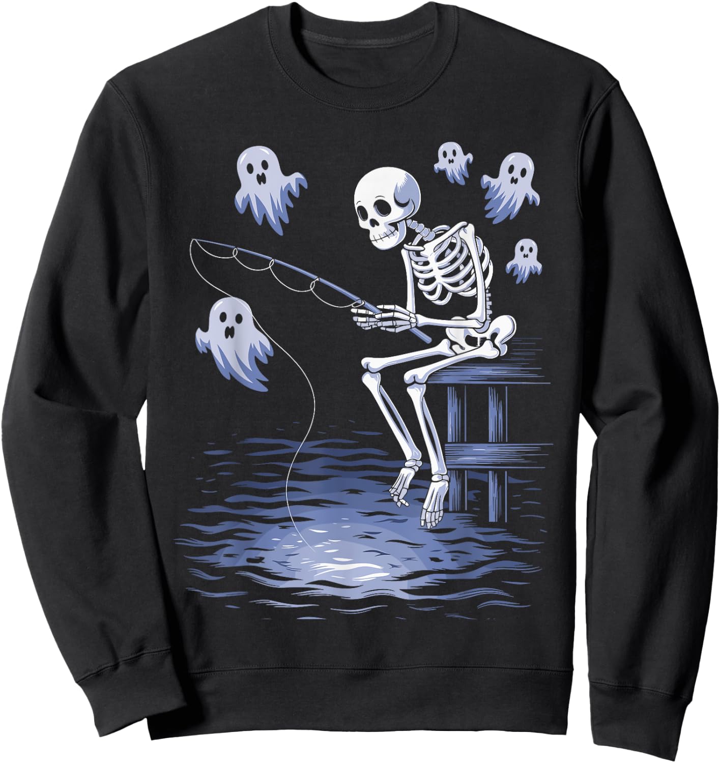 Funny Skeleton Fishing Lovers Spooky Halloween Fisherman Sweatshirt - Sweatshirt | Black
