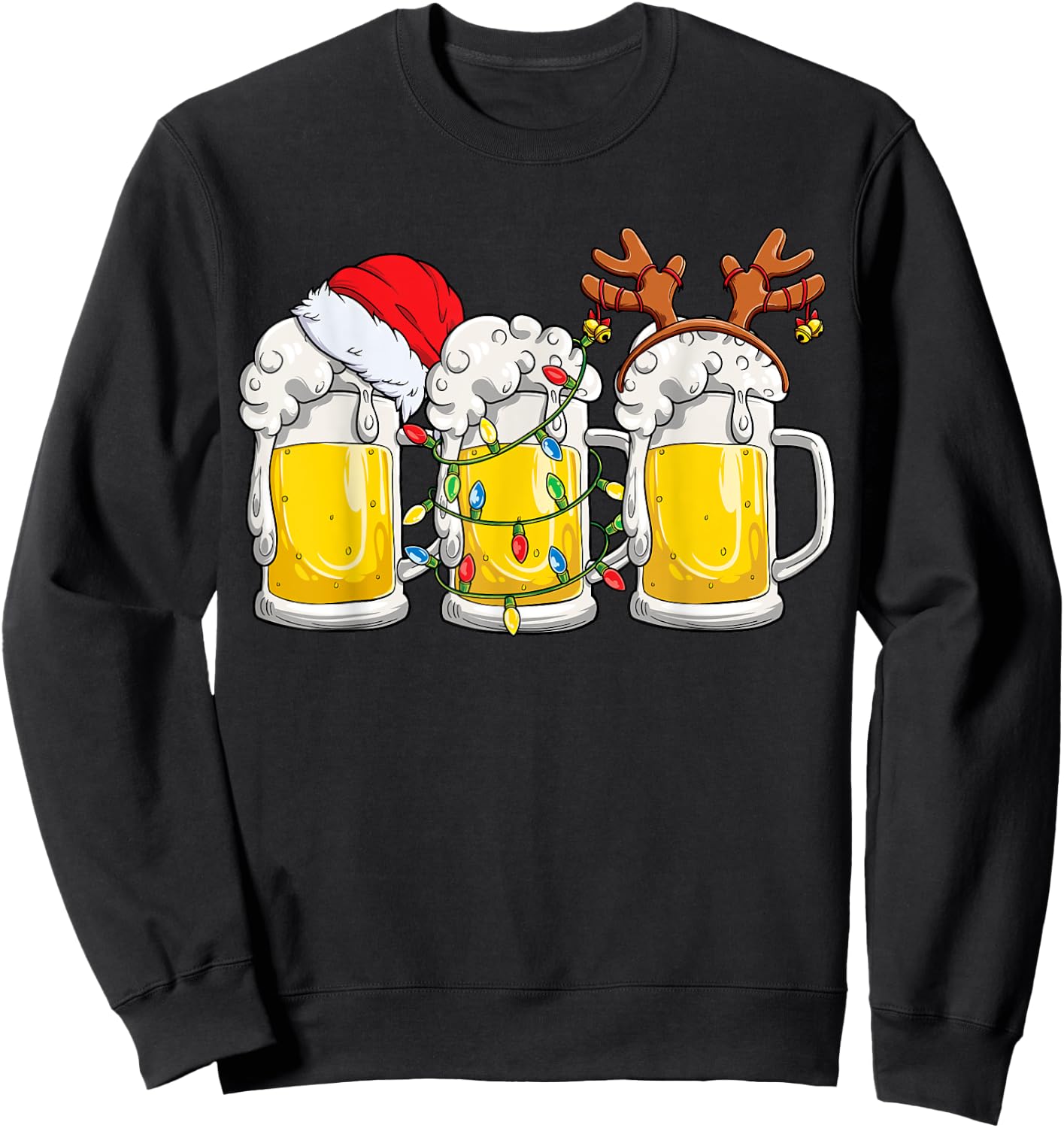 Beer Christmas Mug Santa Reinbeer Xmas Tree Lights Men Women Sweatshirt - Sweatshirt | Black