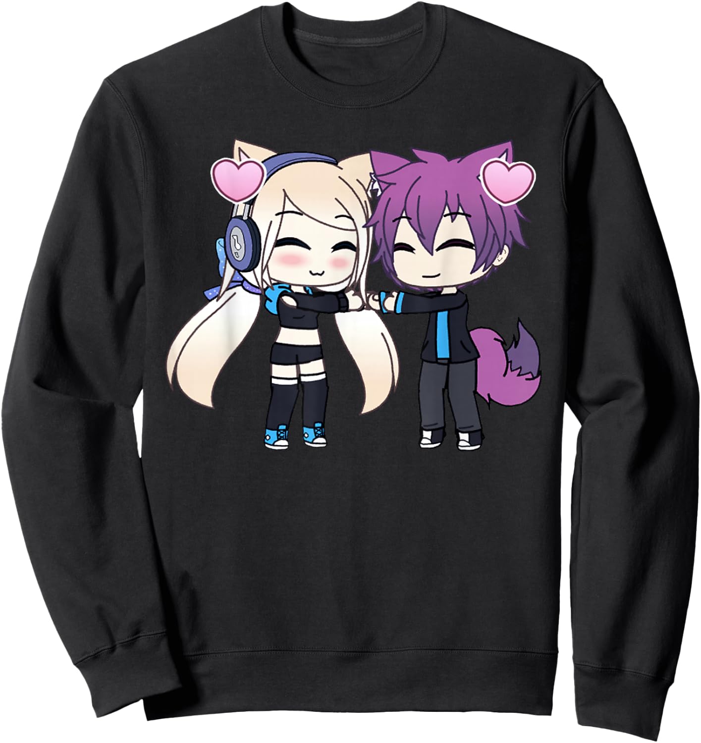 Cute Chibi Style Kawaii Anime Girl and Boy Couple and Hearts Sweatshirt - Sweatshirt | Black