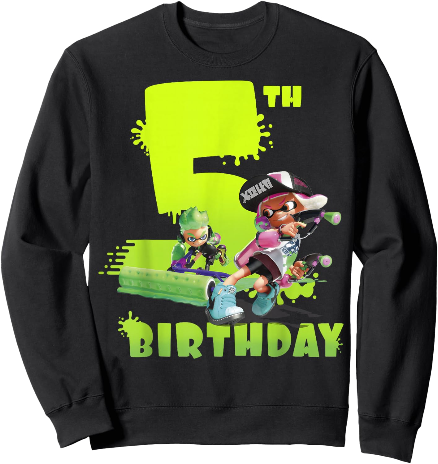 Splatoon Inkling 5th Birthday Green Splatter Portrait Sweatshirt - Sweatshirt | Black