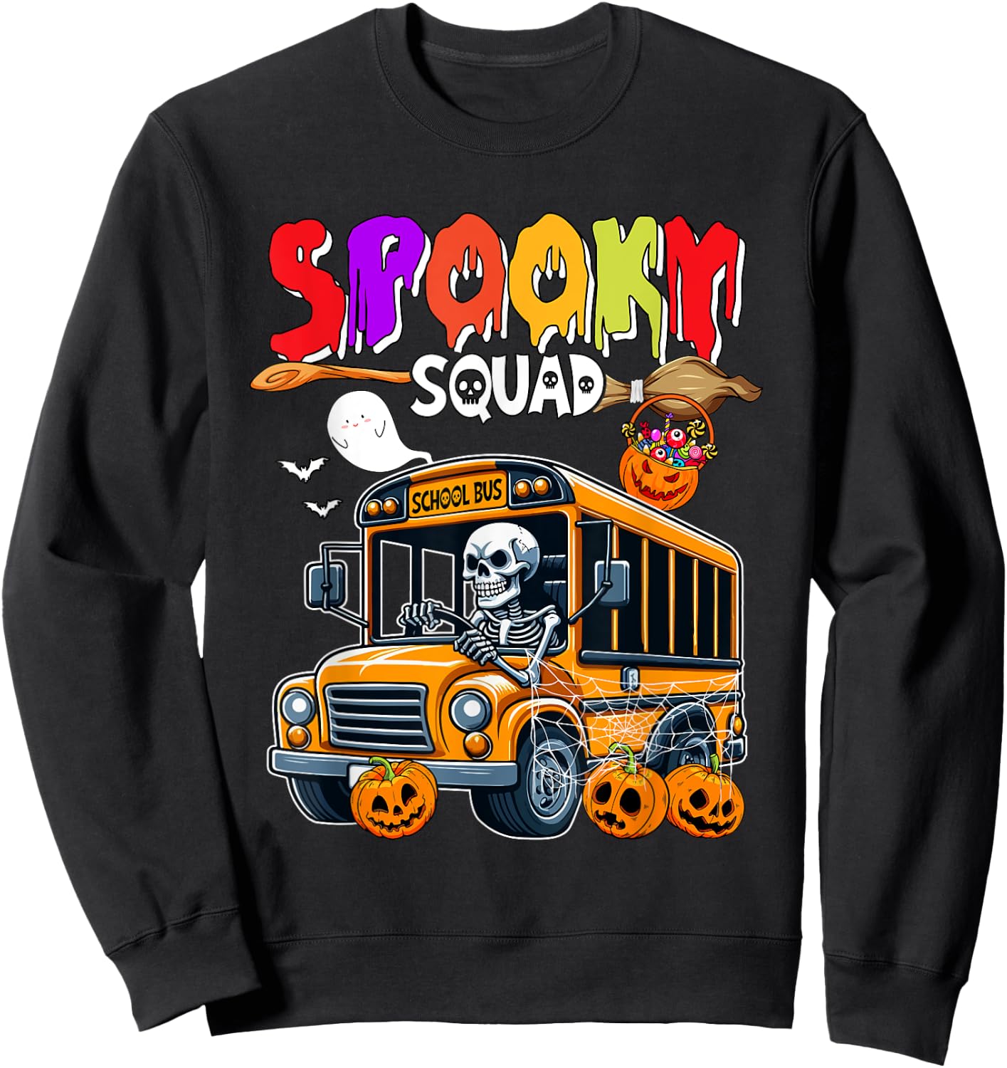 Spooky Halloween Squad Horror Skeleton Driving School Bus Sweatshirt - Sweatshirt | Black