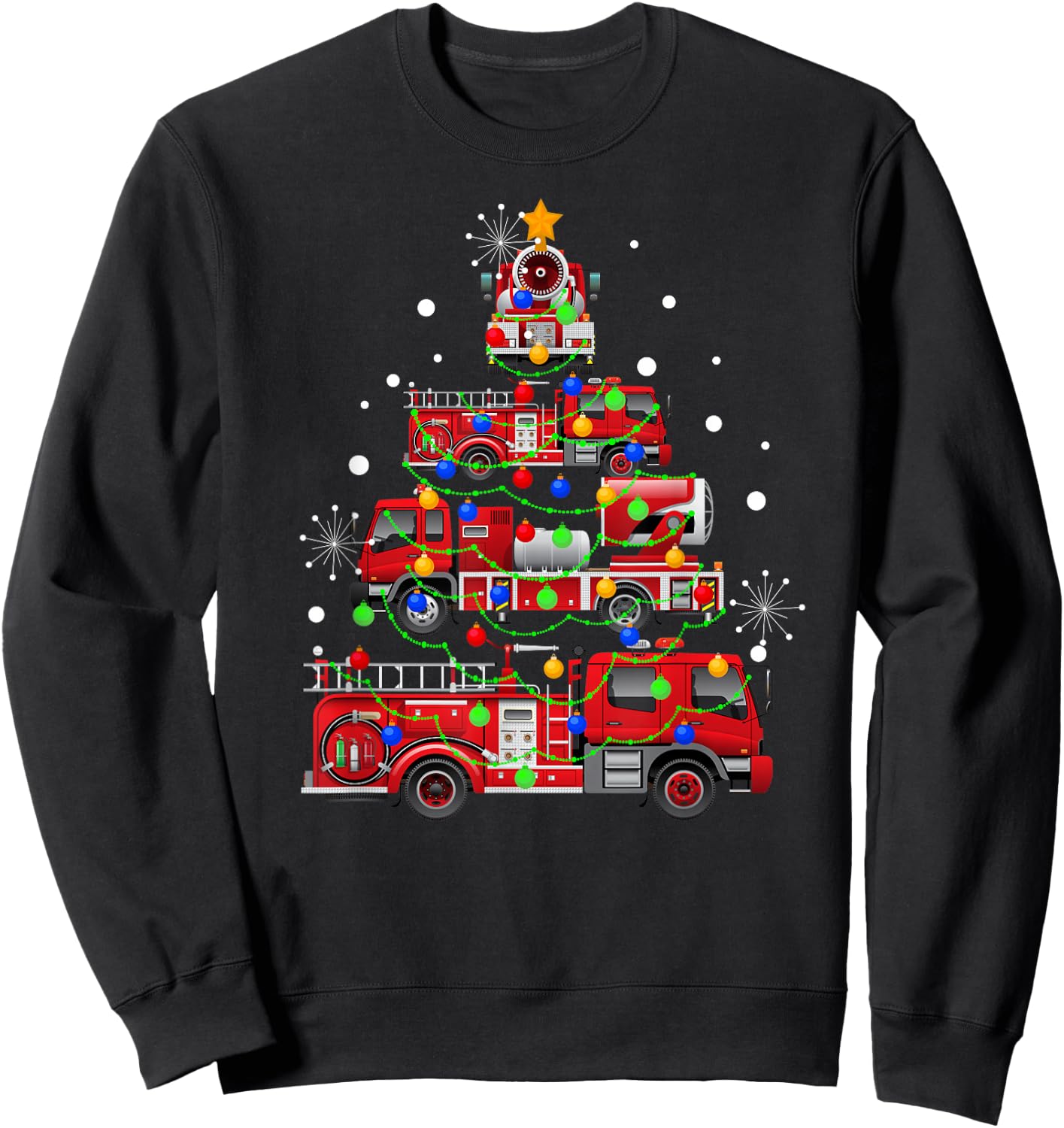 Funny Christmas Decor Firefighter Truck Christmas Tree Sweatshirt - Sweatshirt | Black