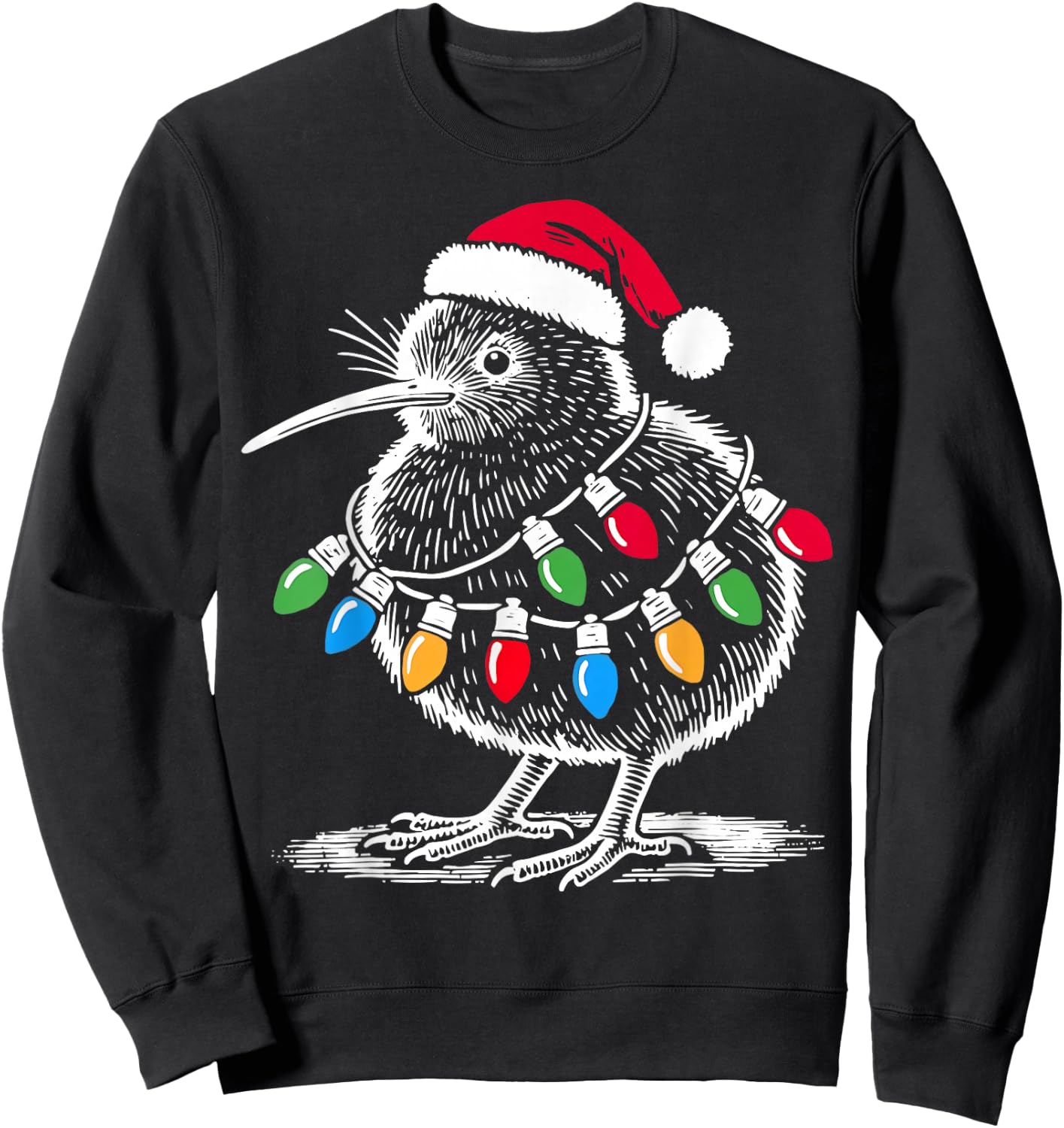 Vintage Kiwi Bird Santa Hat Christmas Light Birding Animal Sweatshirt - Sweatshirt | Black