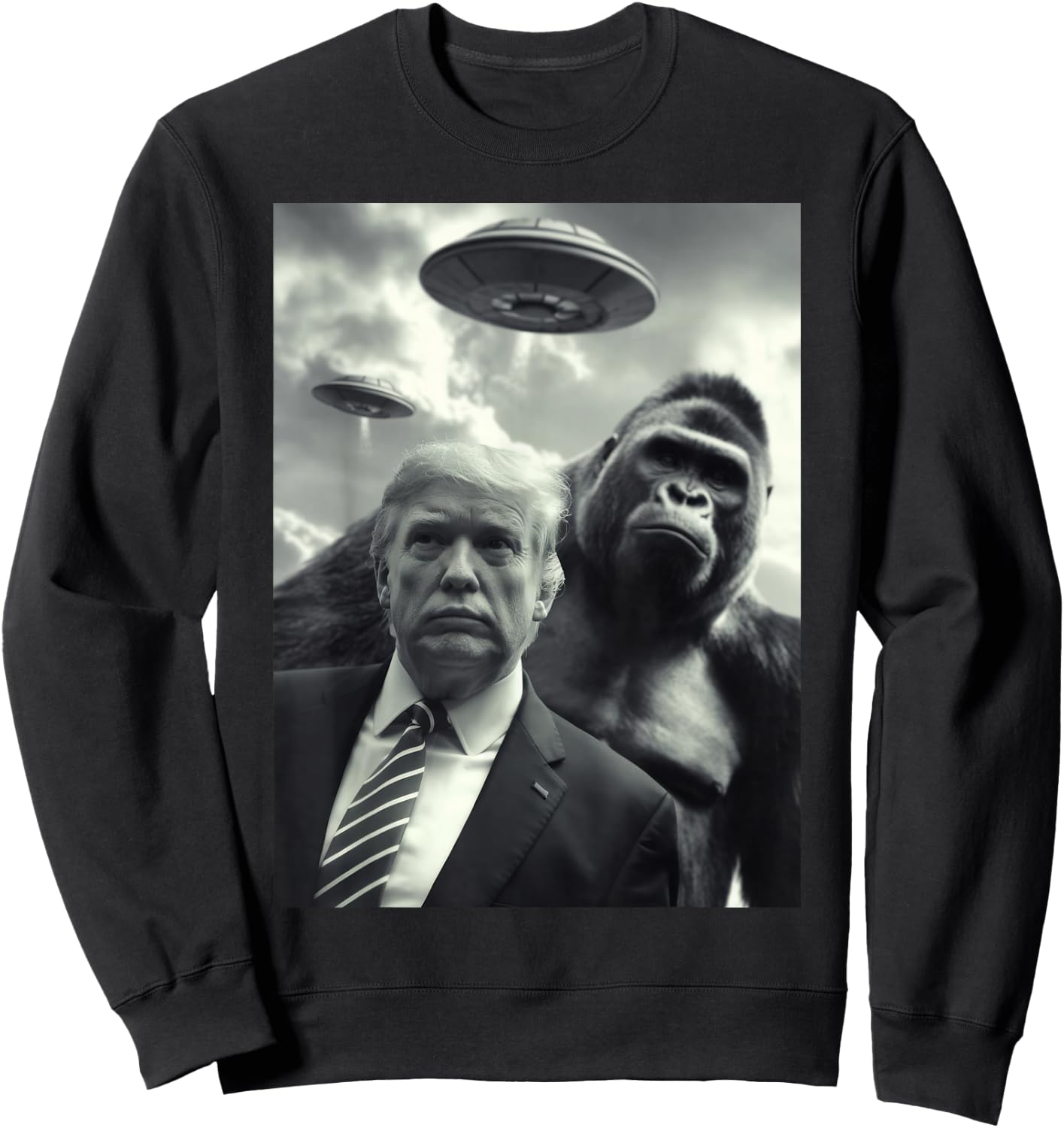 Bigfoot and Trump Alien UFO Selfie Weird Funny Vintage Art Sweatshirt - Sweatshirt | Black