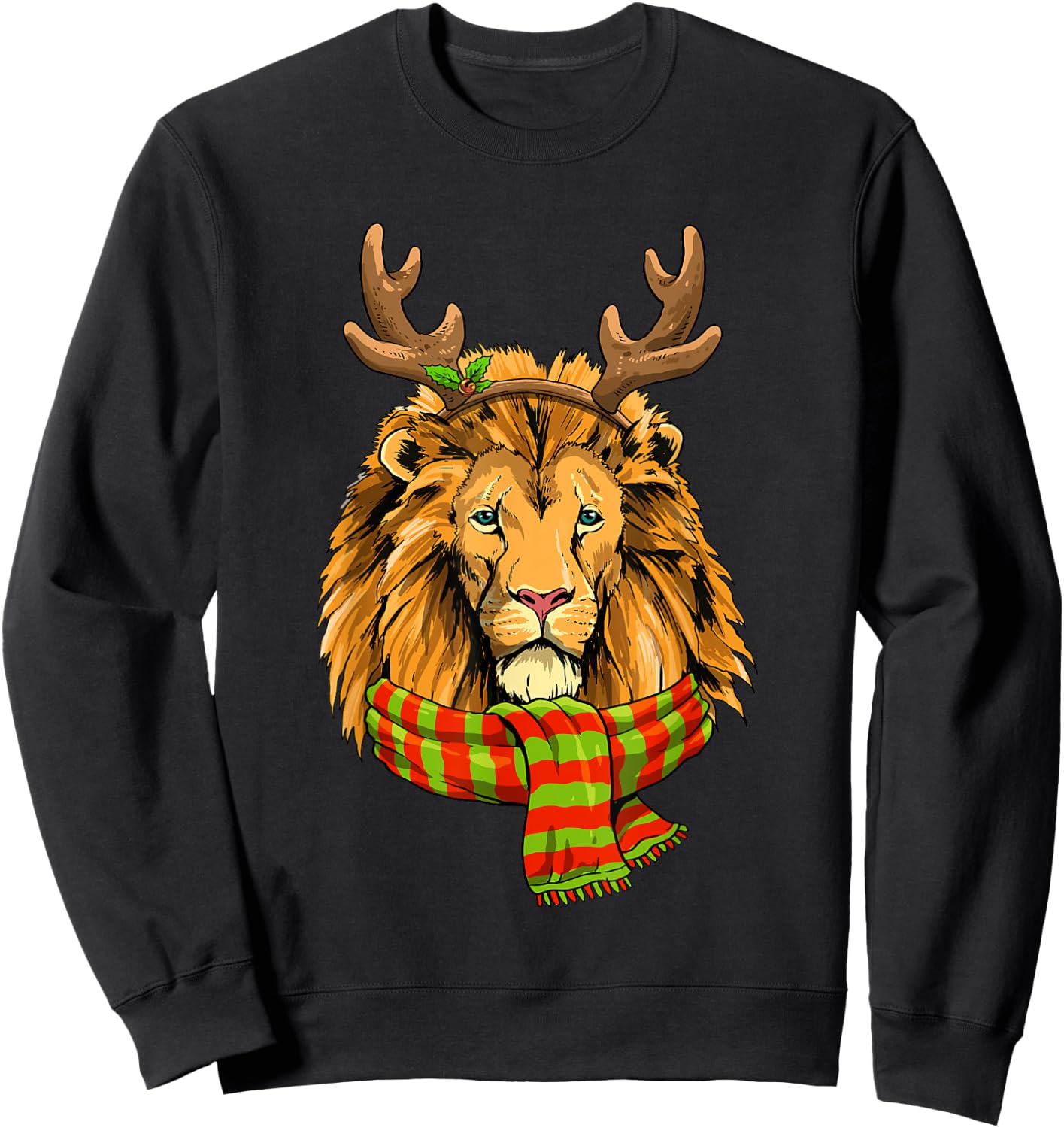 Christmas Lion Head Reindeer Xmas Wildlife Animal Face Sweatshirt - Sweatshirt | Black