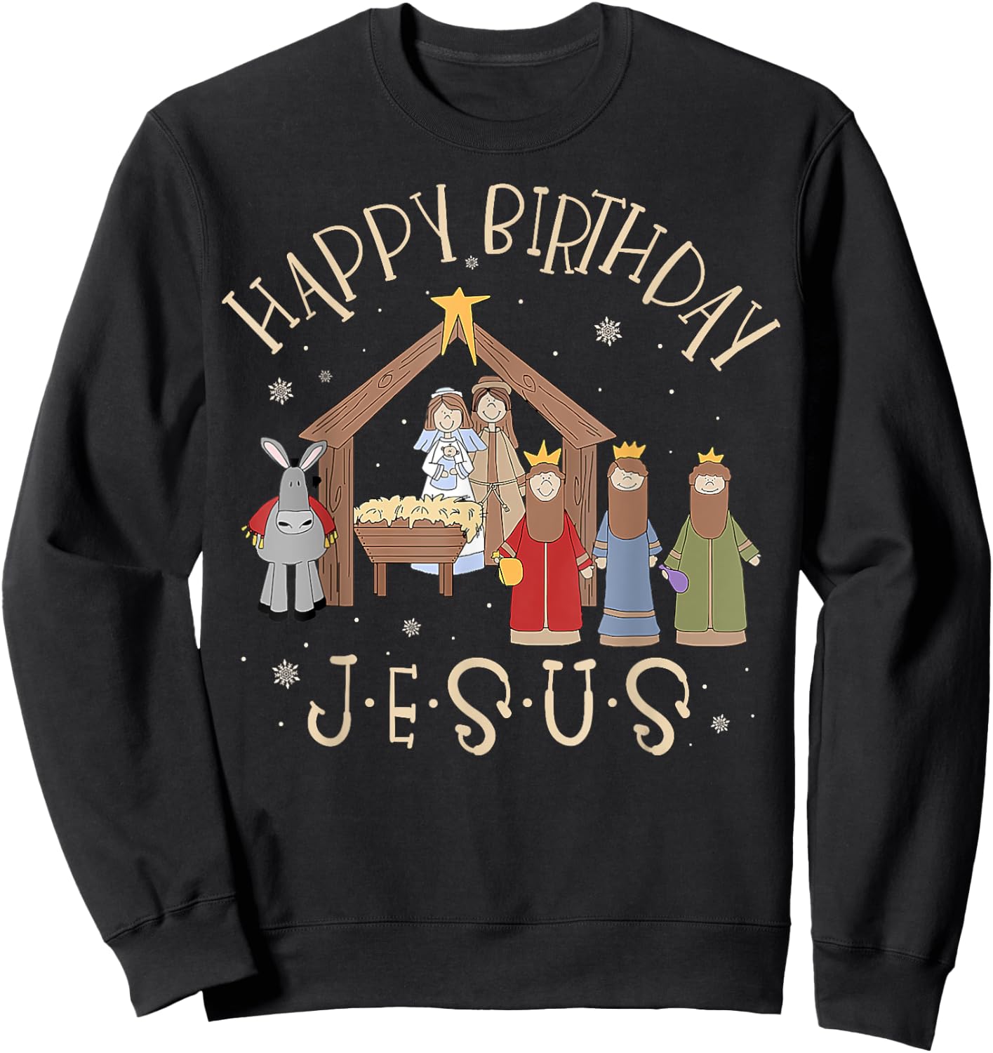 Merry Christmas -Christian Family Group Children Nativity Happy Birthday Jesus Christmas Nativity Christian Black Small Short Sleeve Cotton Blend Sweatshirt - Sweatshirt | Black
