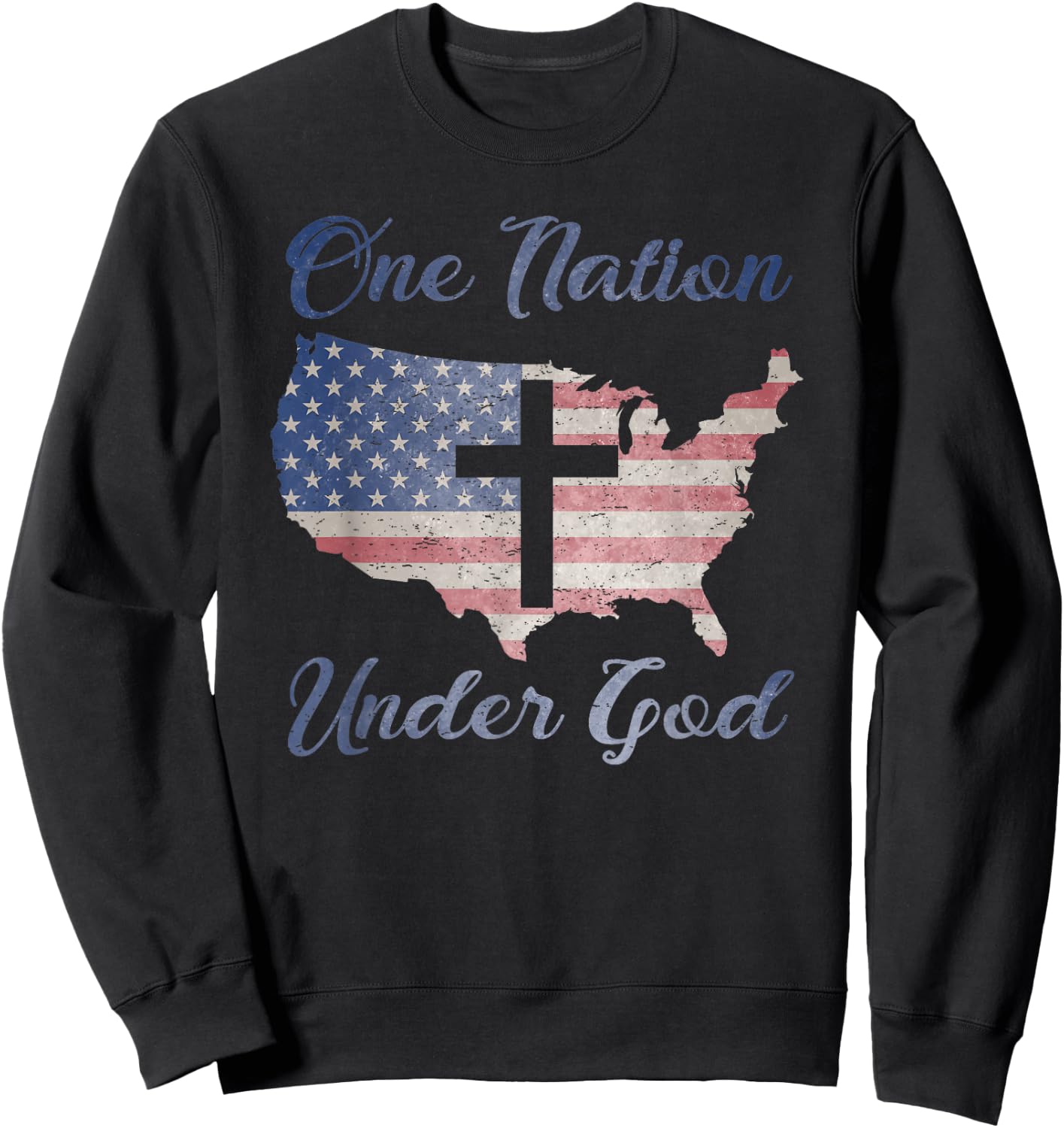 ONE NATION UNDER GOD Christian Cross American Flag USA Map Sweatshirt - Sweatshirt | Black