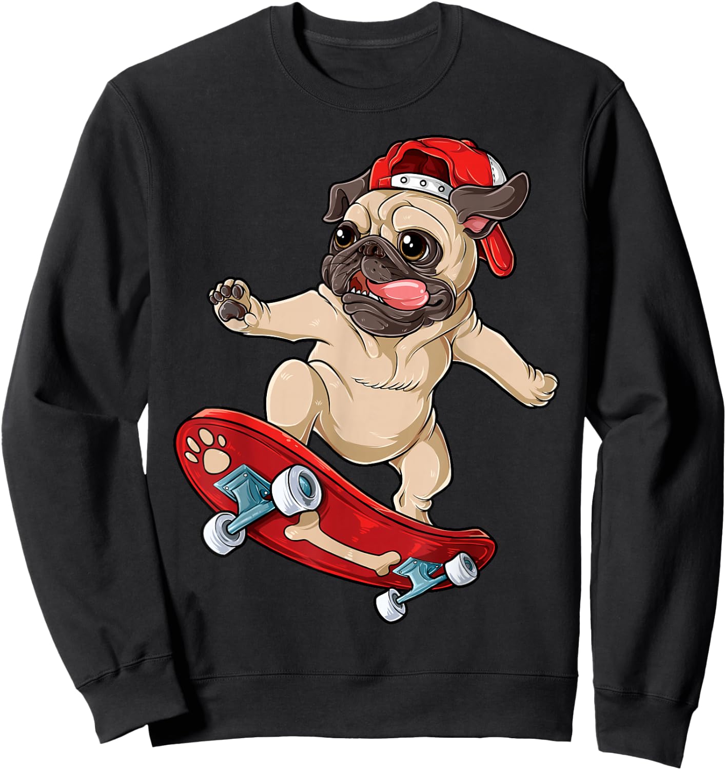 Pug Skateboard T shirt Dog Puppy Funny Skater Skateboarding Women Girls Kids Sweatshirt - Sweatshirt | Black