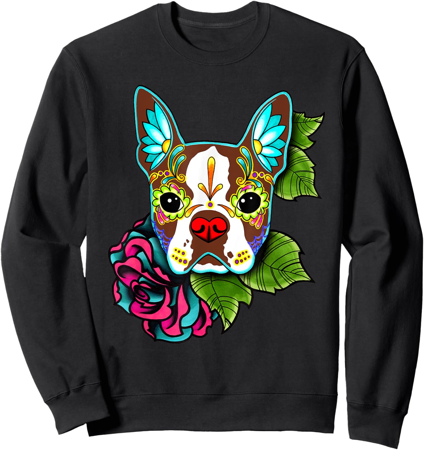 Boston Terrier in Red - Day of the Dead Sugar Skull Dog Sweatshirt - Sweatshirt | Black