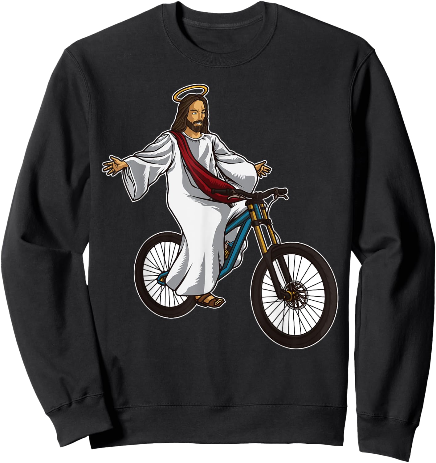 Funny Jesus Bicycle Illustration Riding a Mountainbike Sweatshirt - Sweatshirt | Black