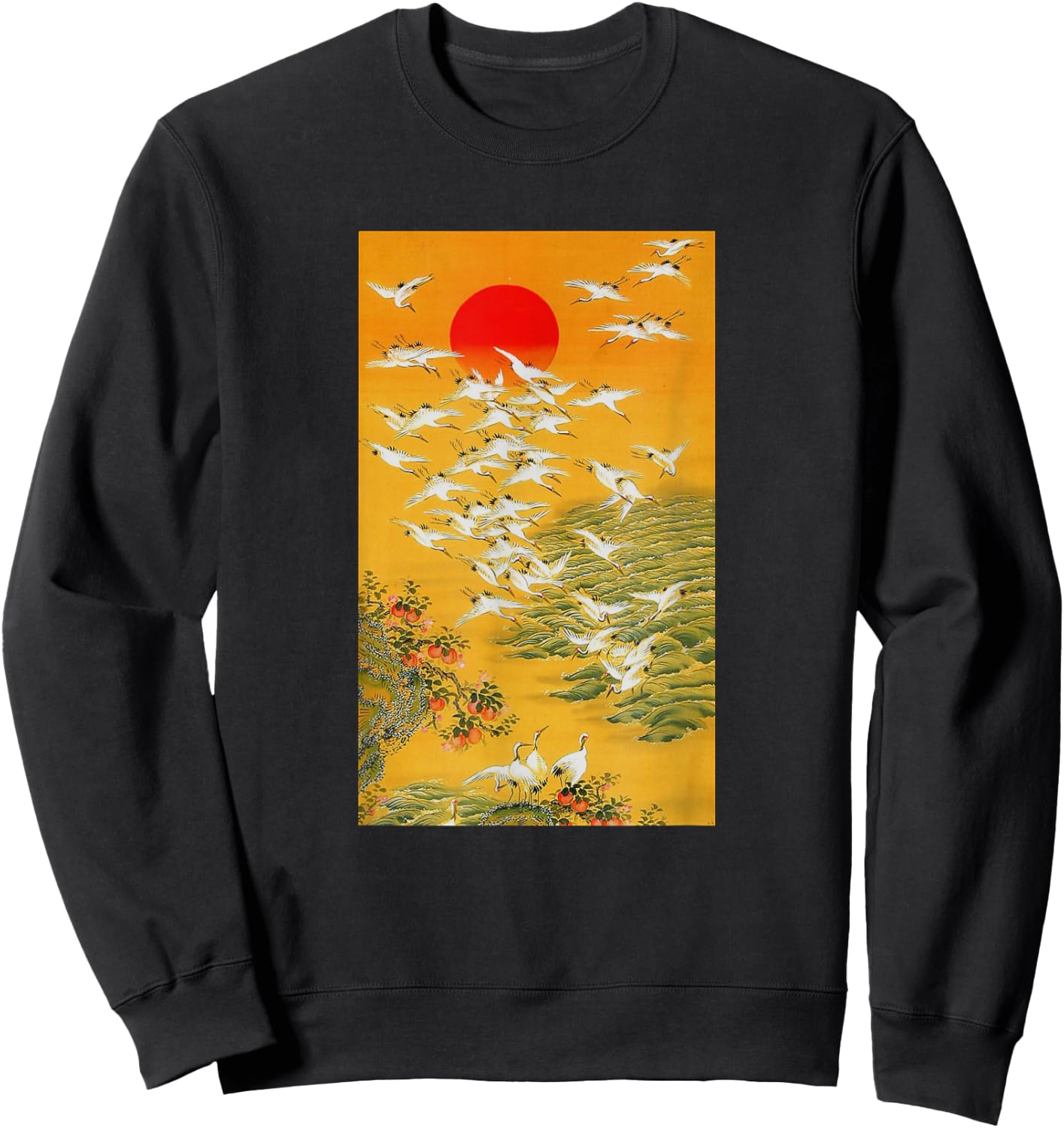 Japanese Crane Vintage Hokusai Woodblock Sweatshirt - Sweatshirt | Black