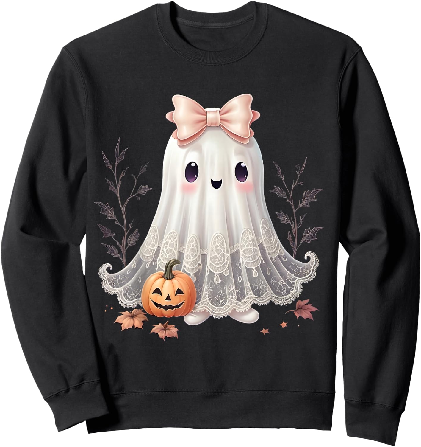 Lace Ghost Halloween Coquette Bow Vintage Women Girls Sweatshirt - Sweatshirt | Black